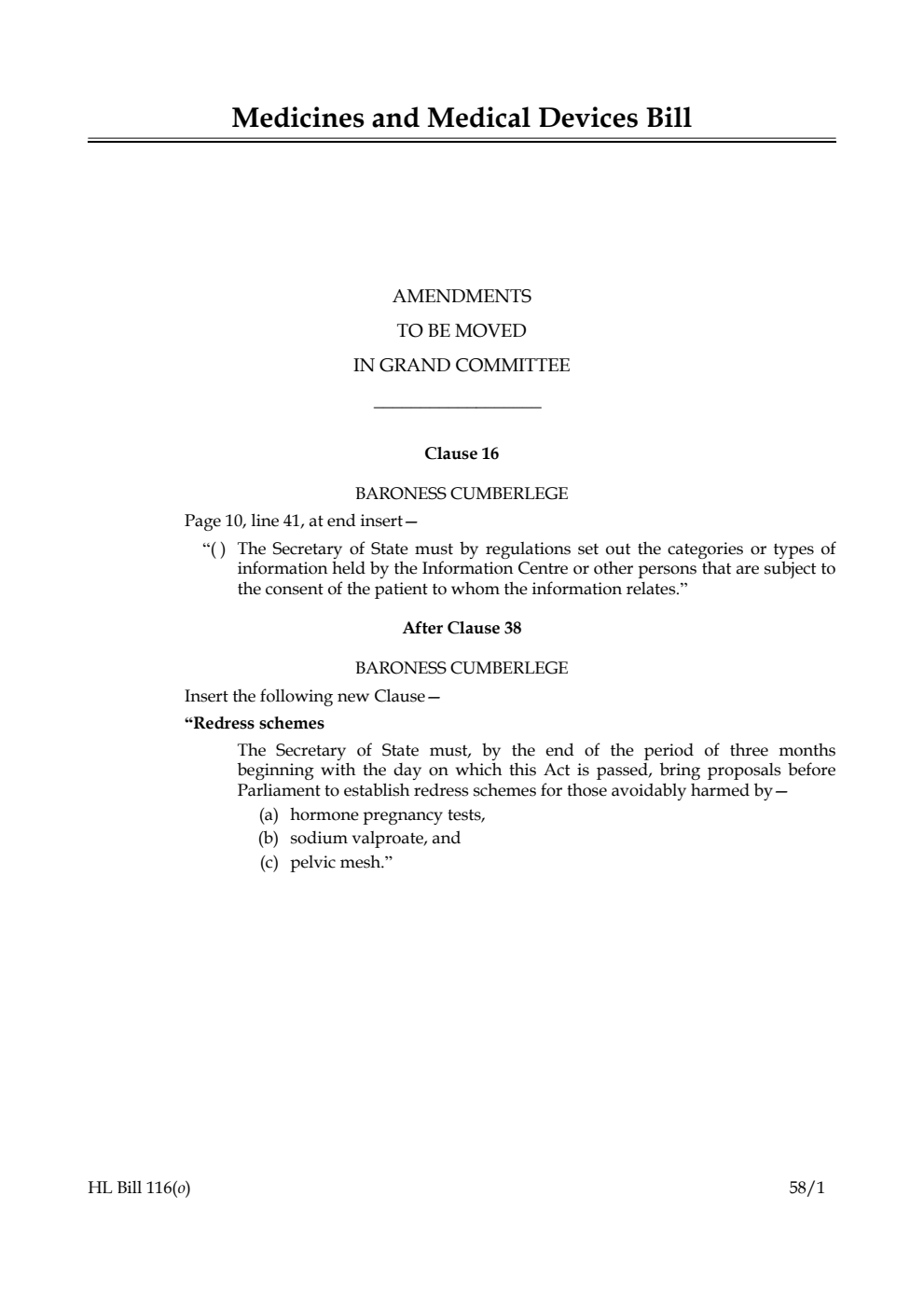 Medicines and Medical Devices Bill Amendments to be moved in Grand Committee