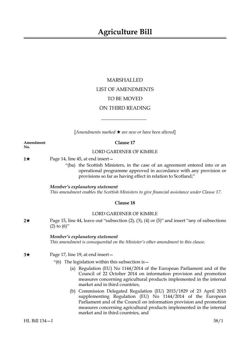 Agriculture Bill Marshalled List of amendments to be moved on third reading