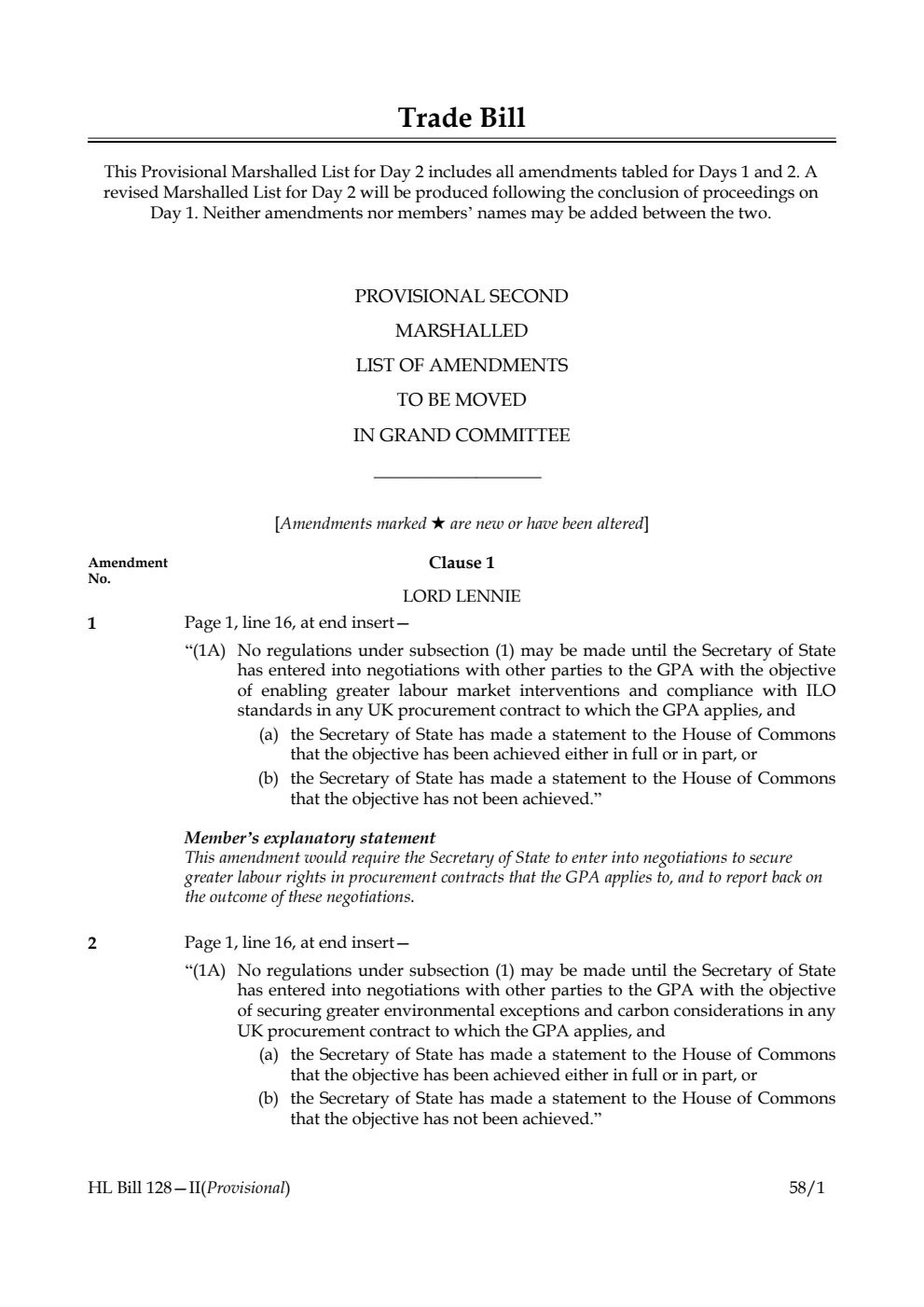 Trade Bill Provisional Second Marshalled List of amendments to be moved in Grand Committee