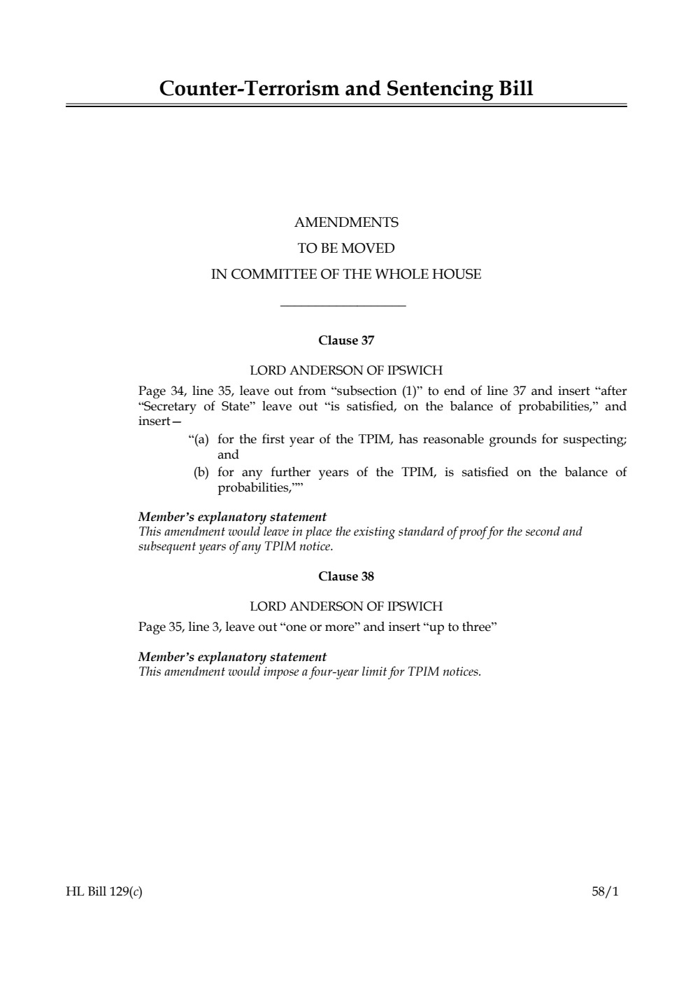 Counter-Terrorism and Sentencing Bill Amendments to be moved in Committee of the Whole House