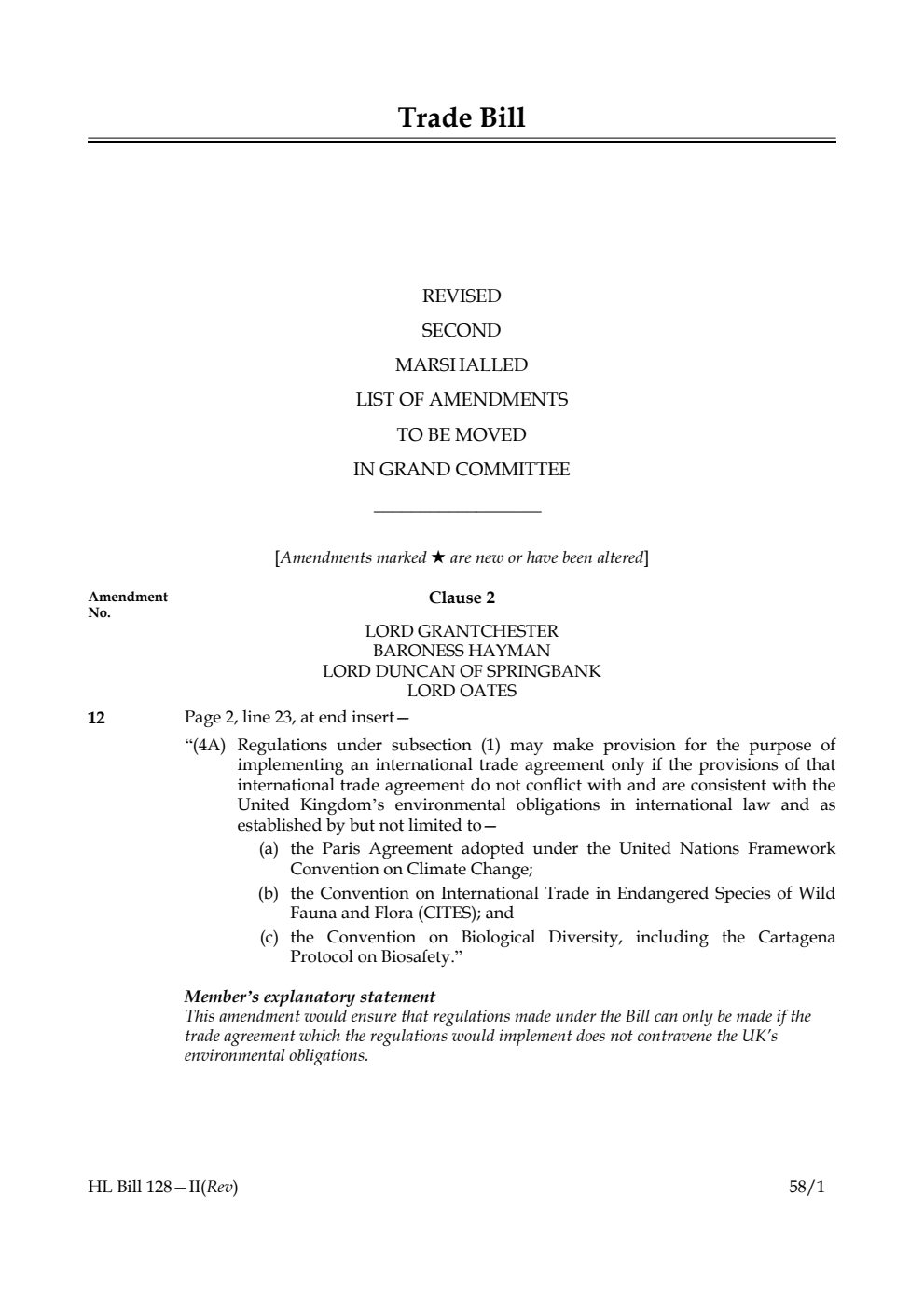 Trade Bill Revised Second Marshalled List of amendments to be moved in Grand Committee