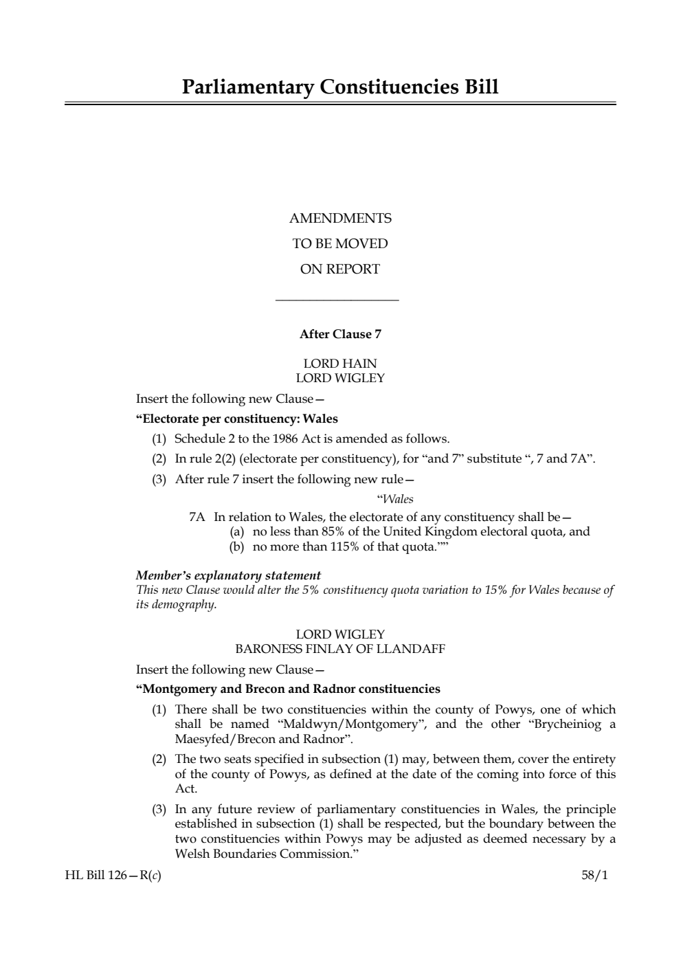 Parliamentary Constituencies Bill Amendments to be moved on report