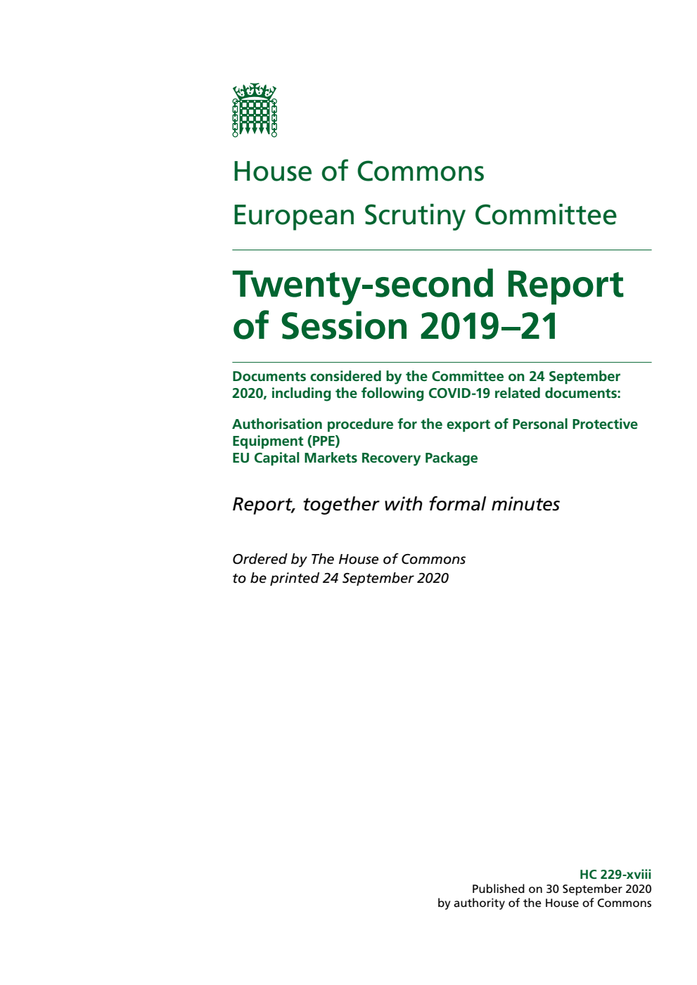 European Scrutiny Committee 22nd Report of Session 2019-21