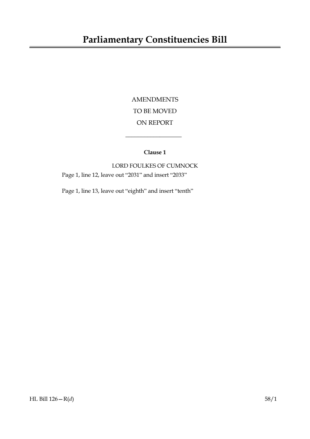 Parliamentary Constituencies Bill Amendments to be moved on report