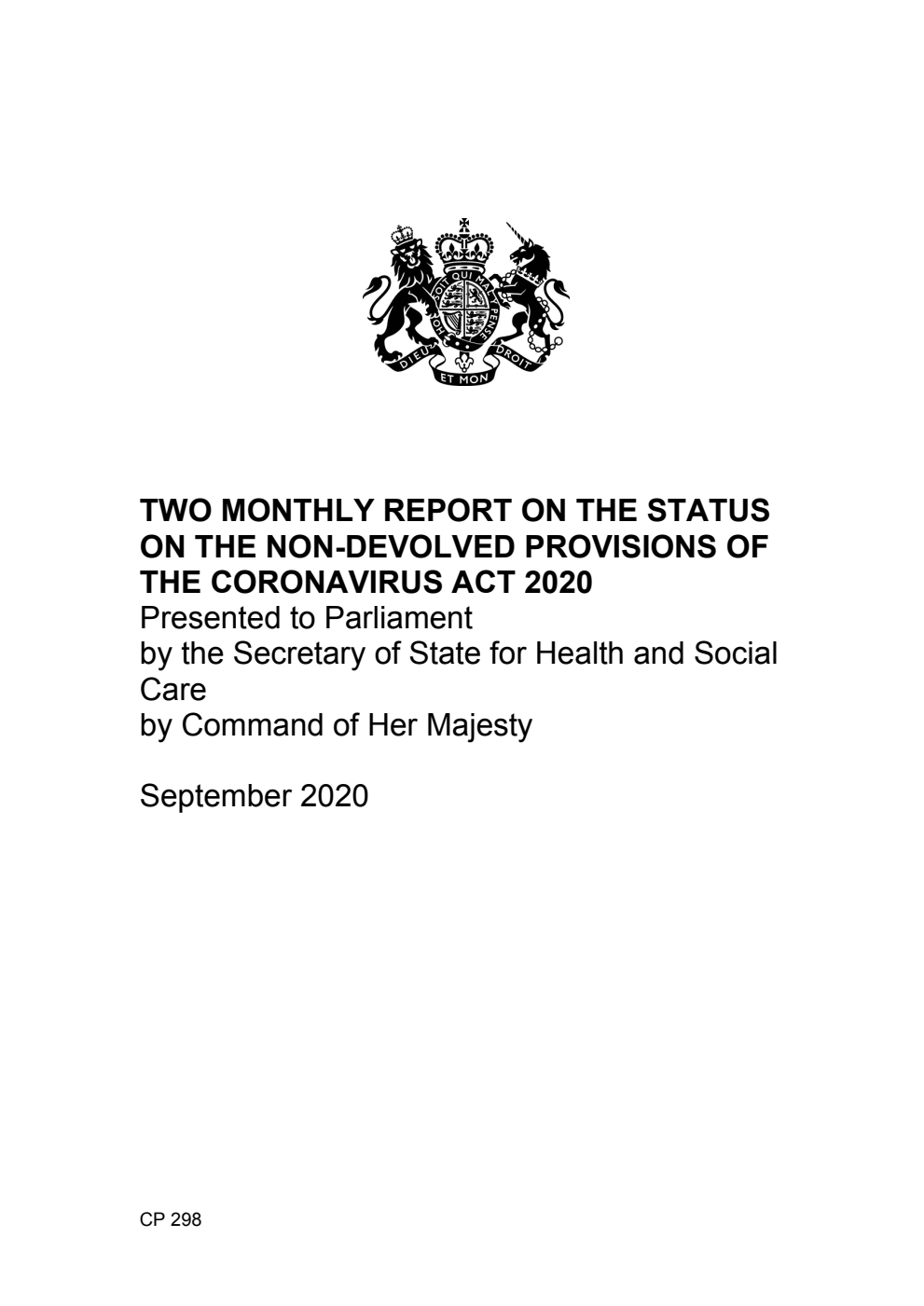 Two-monthly report on the status on the non-devolved provisions of the Coronavirus Act 2020. September 2020
