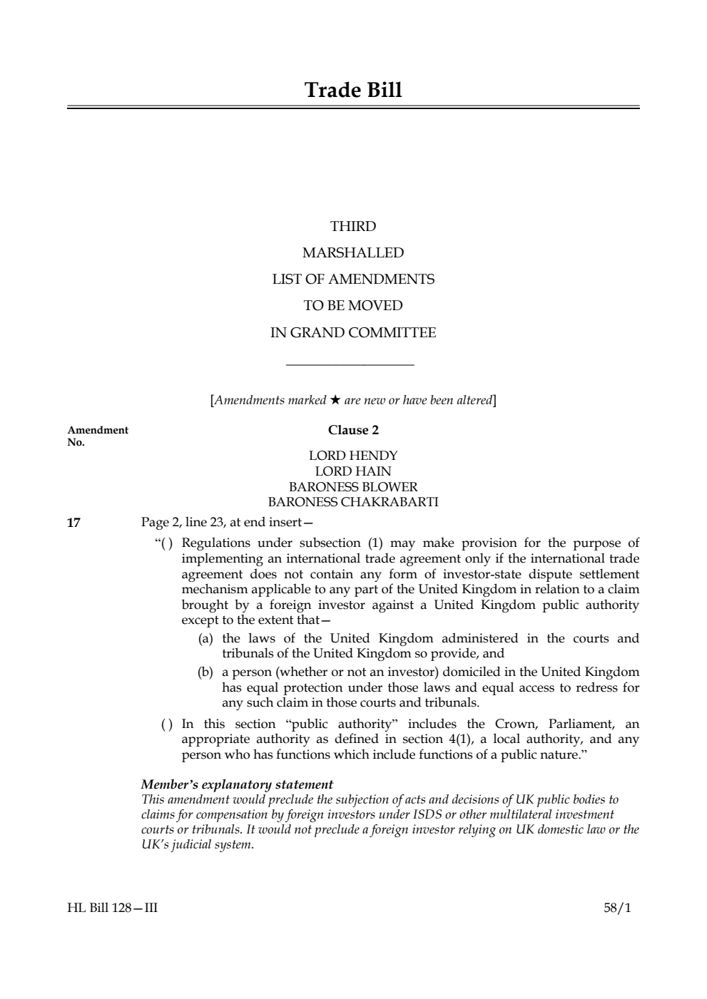 Trade Bill Third Marshalled List of amendments to be moved in Grand Committee