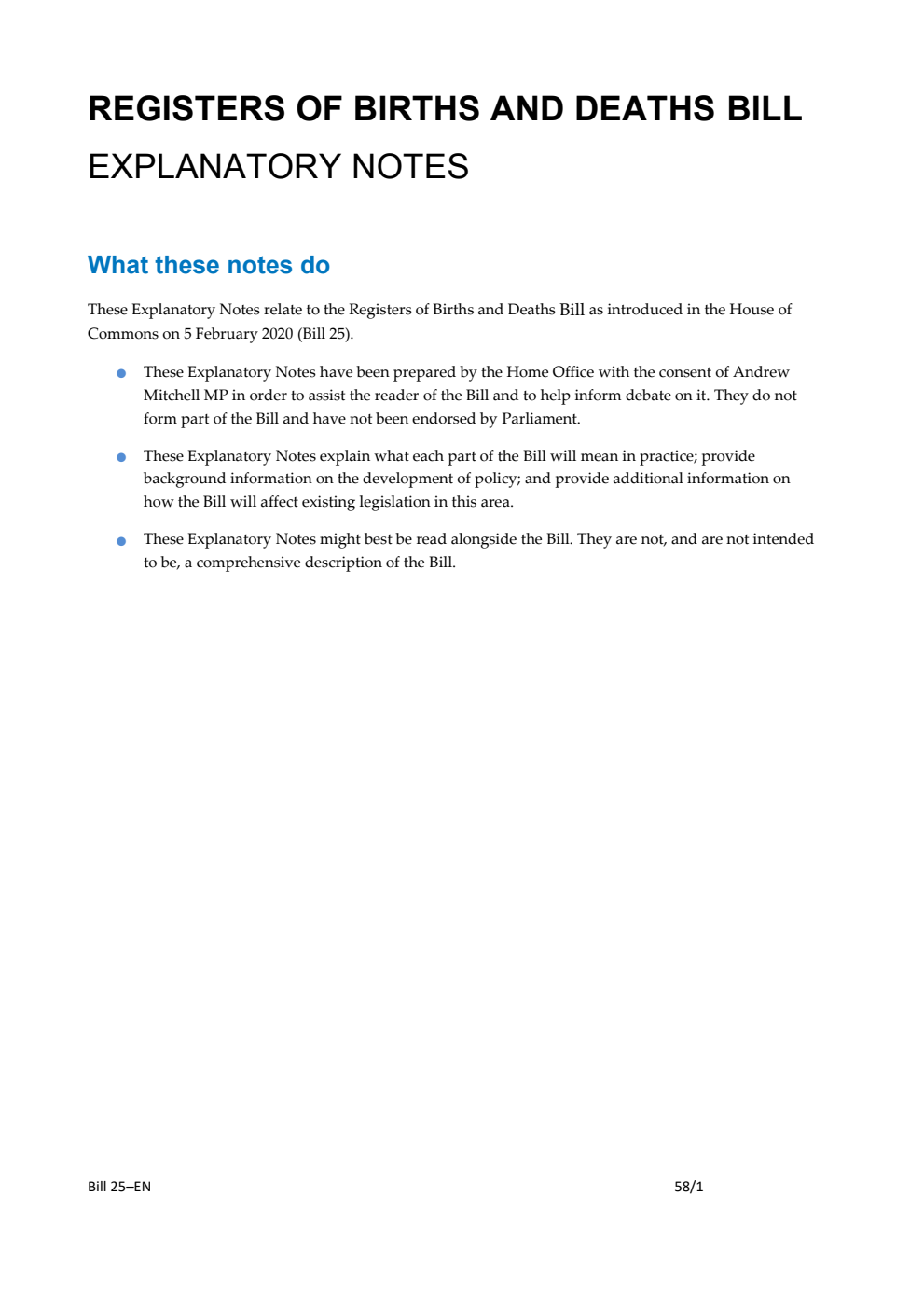 Registers of Births and Deaths Bill Explanatory Notes
