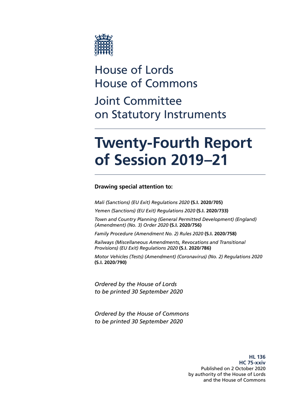 Joint Committee on Statutory Instruments 24th Report of Session 2019-21