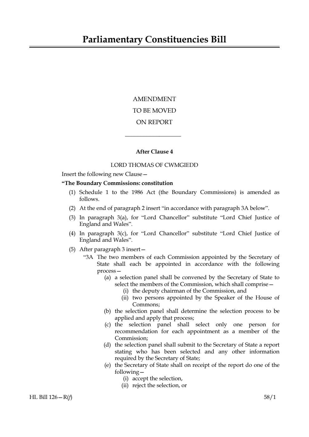 Parliamentary Constituencies Bill Amendment to be moved on report