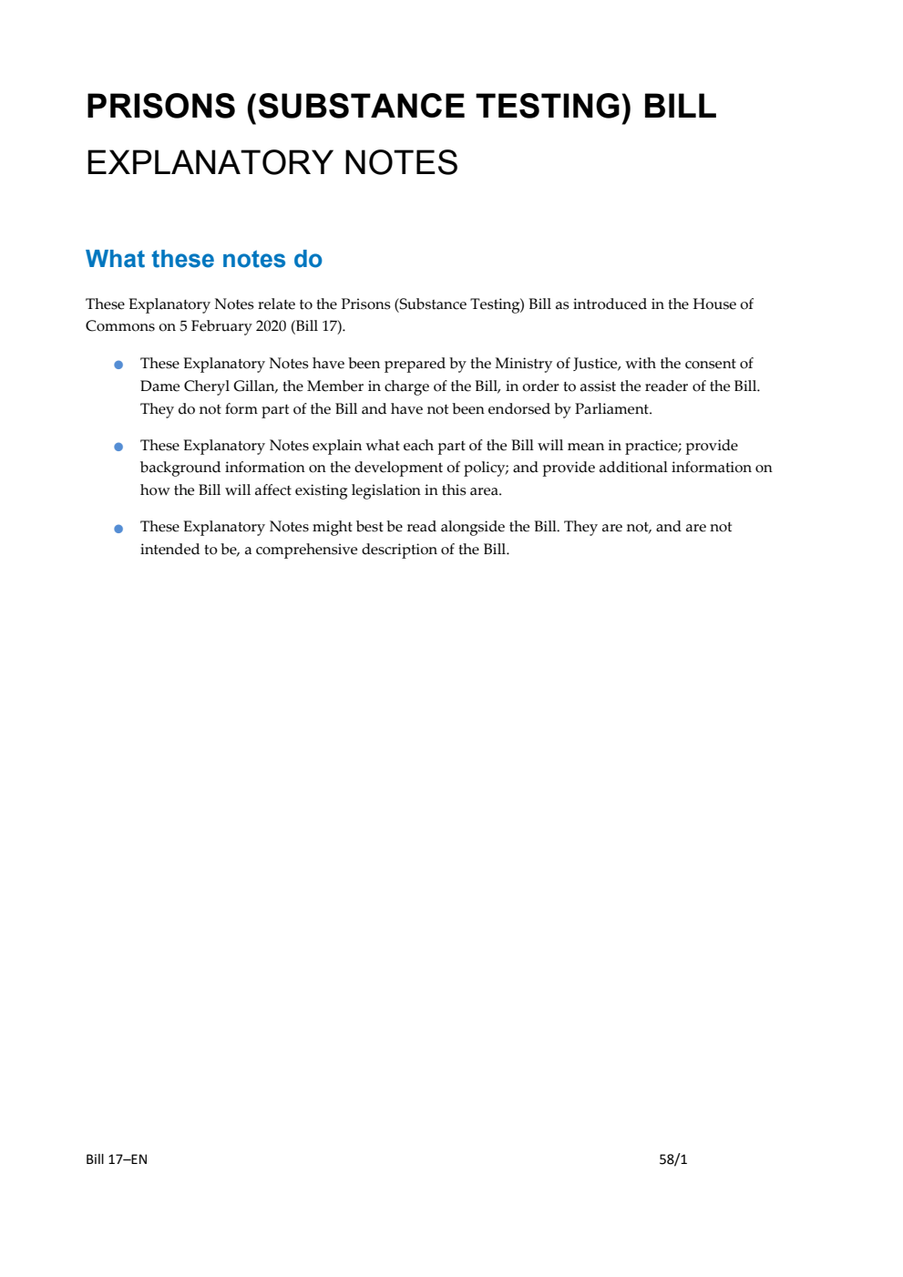 Prisons (Substance Testing) Bill Explanatory Notes