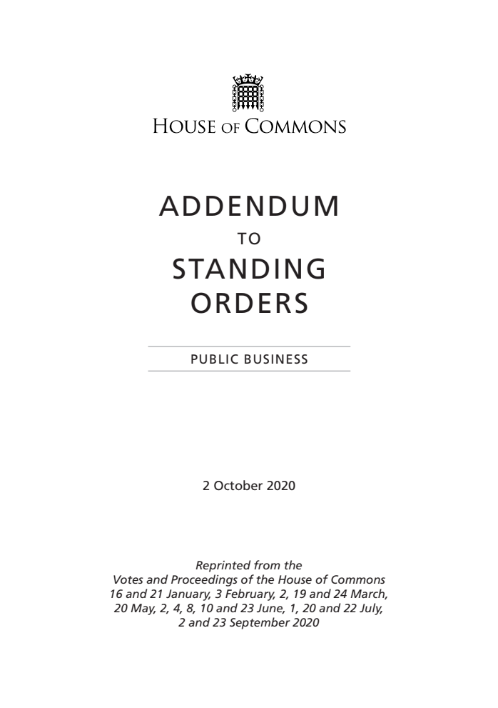 Addendum to the Standing Orders of the House of Commons Relating to Public Business 2020, October 2020