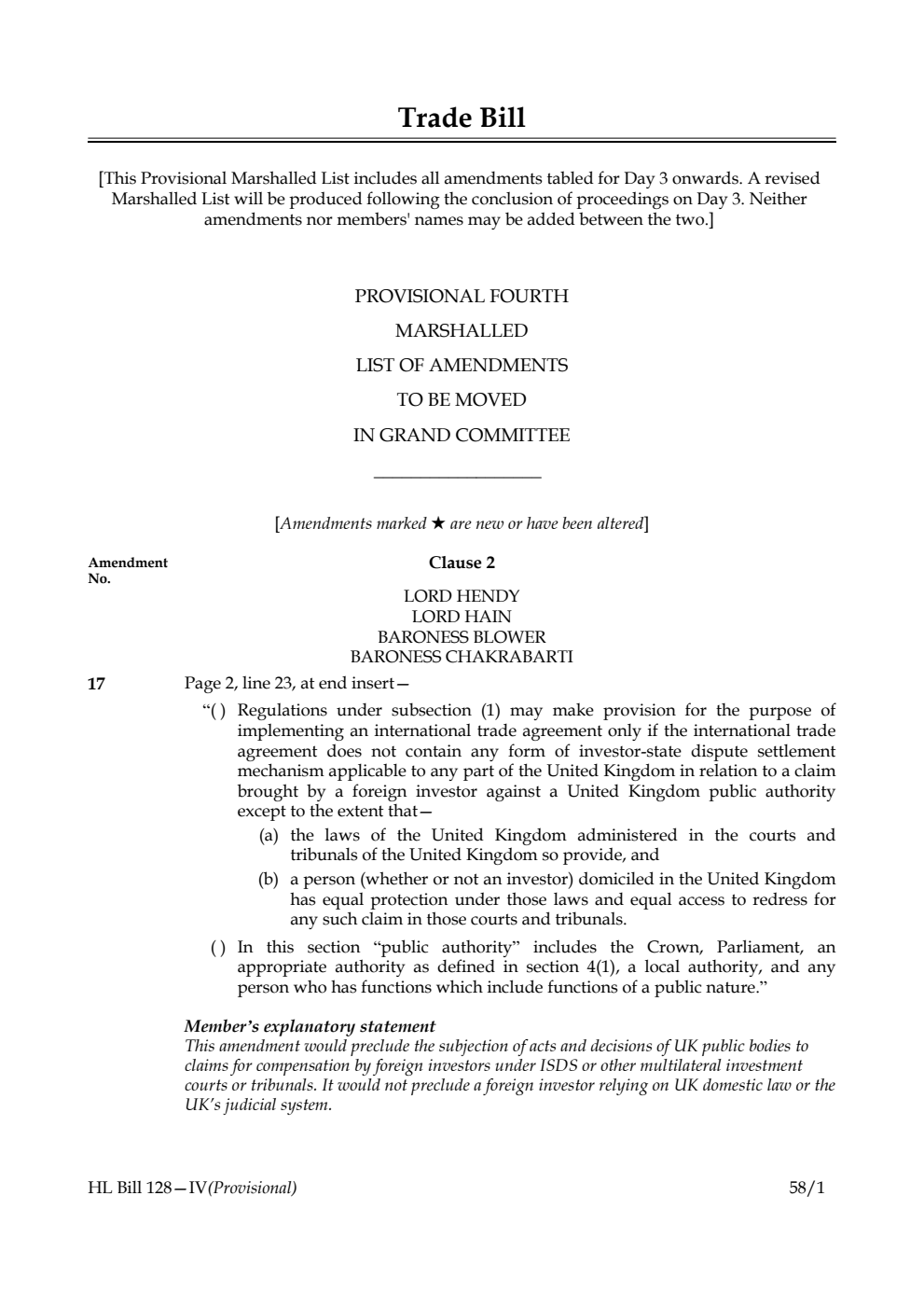 Trade Bill Provisional Fourth Marshalled List of amendments to be moved in Grand Committee