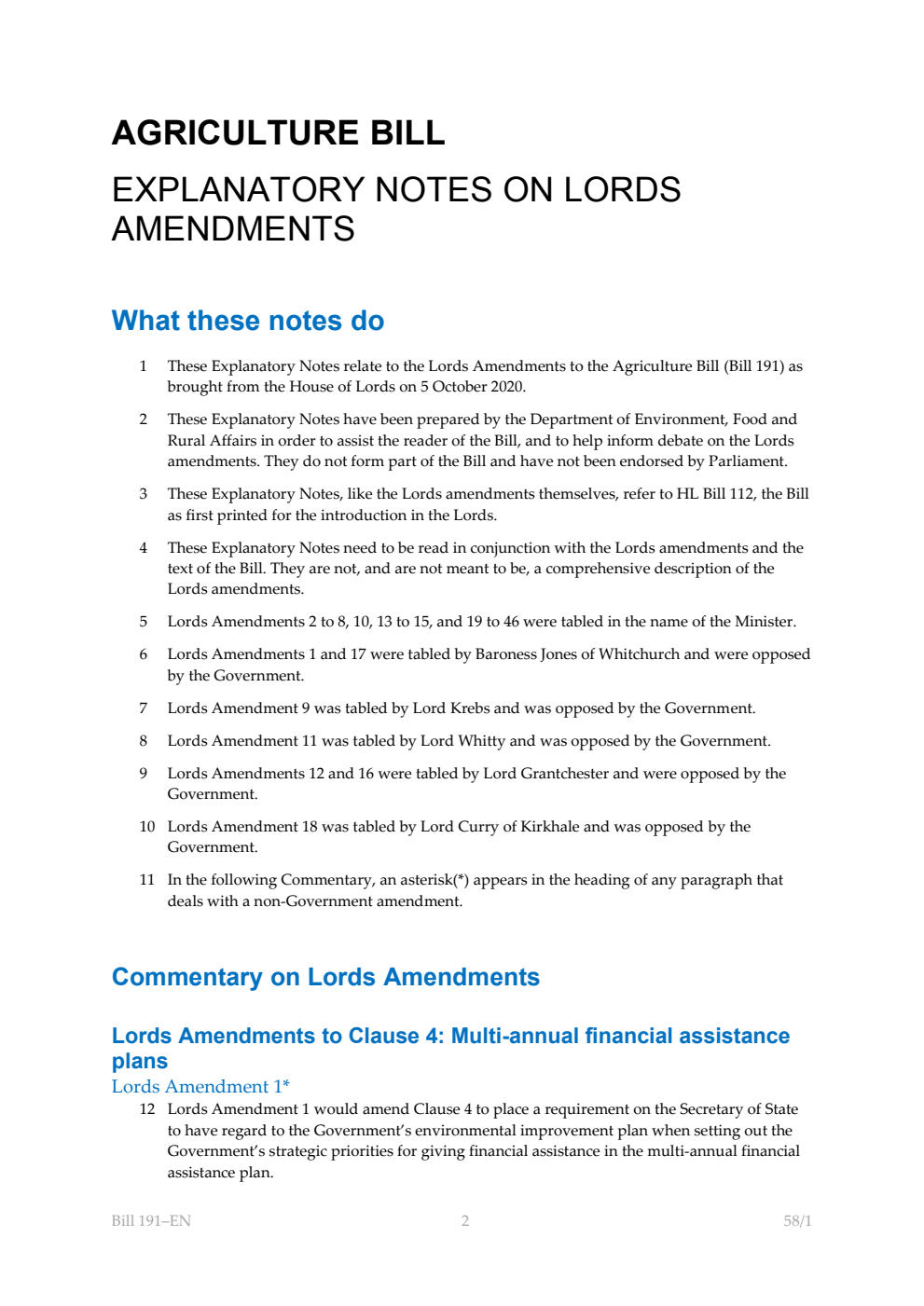 Agriculture Bill Explanatory Notes on Lords Amendments
