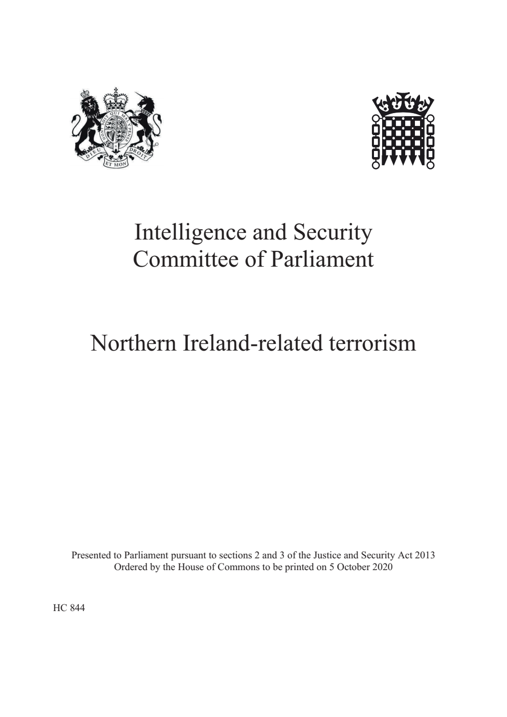 Intelligence and Security Committee of Parliament. Northern Ireland-related terrorism