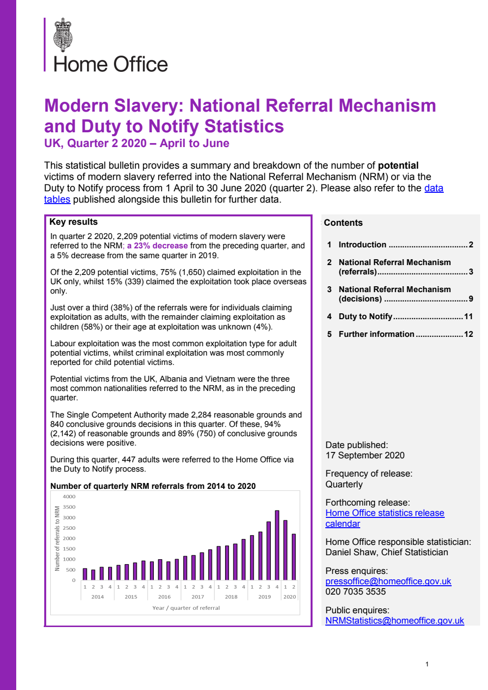 Home Office Statistical Bulletin 25/20 Modern Slavery: National Referral Mechanism and Duty to Notify Statistics UK, Quarter 2 2020 – April to June