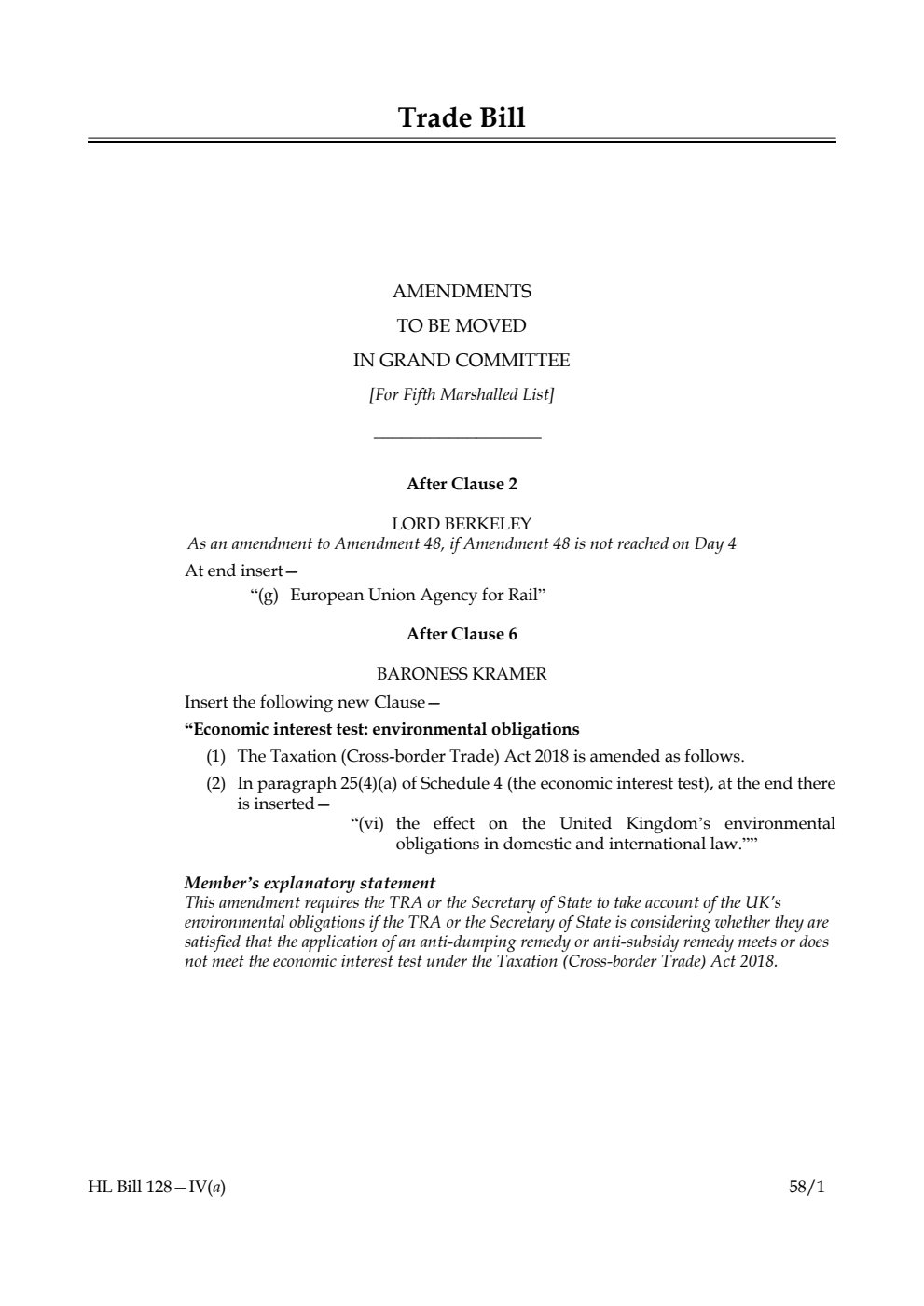 Trade Bill Amendments to be moved in Grand Committee