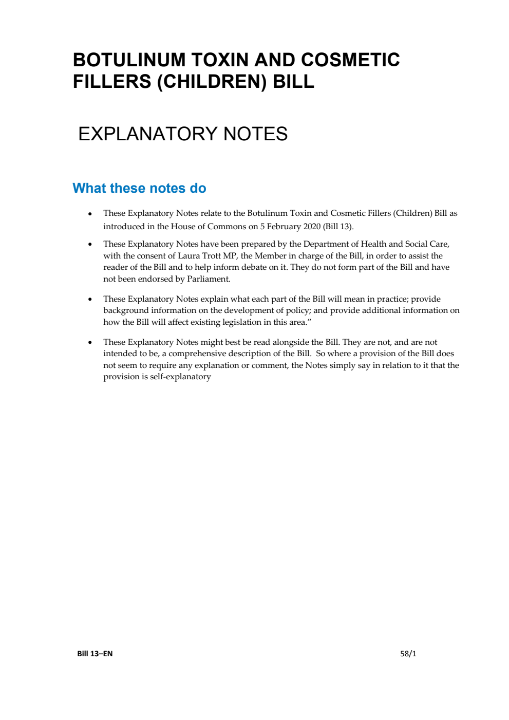 Botulinum Toxin and Cosmetic Fillers (Children) Bill Explanatory Notes