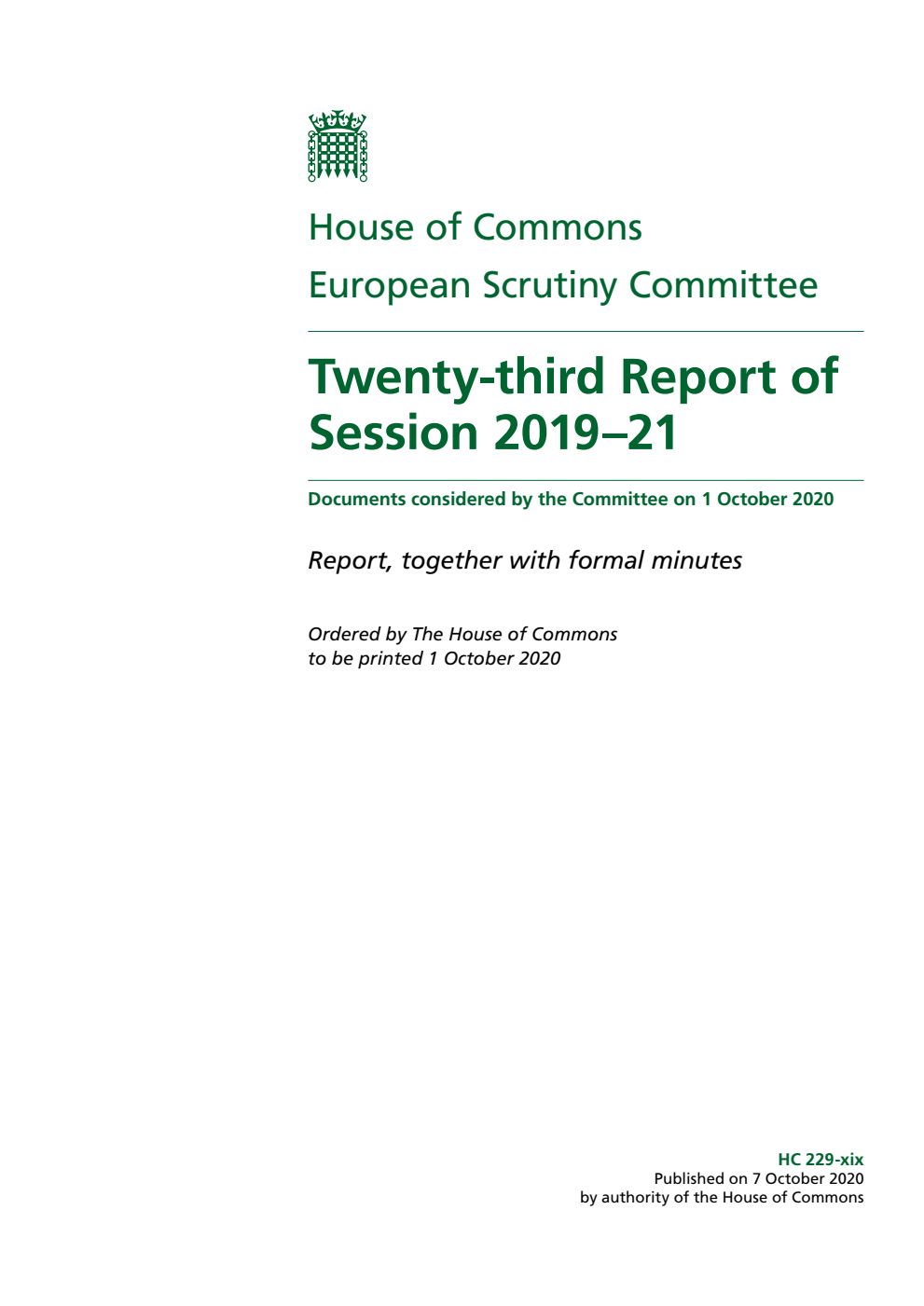 European Scrutiny Committee 23rd Report of Session 2019-21