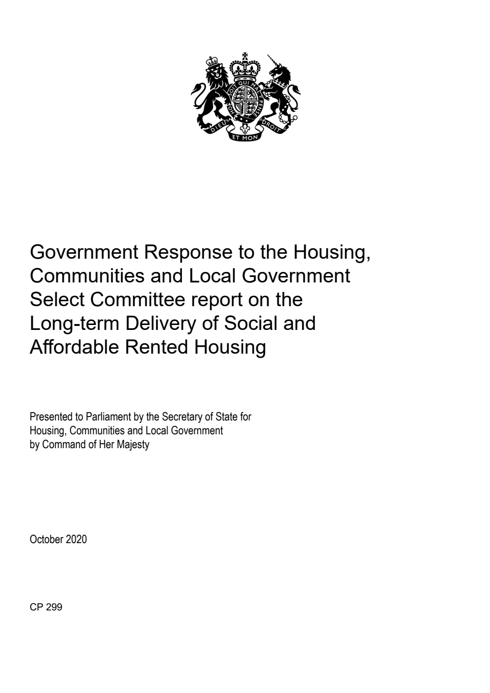 Government Response to the Housing, Communities and Local Government Select Committee report on the Long-term Delivery of Social and Affordable Rented Housing