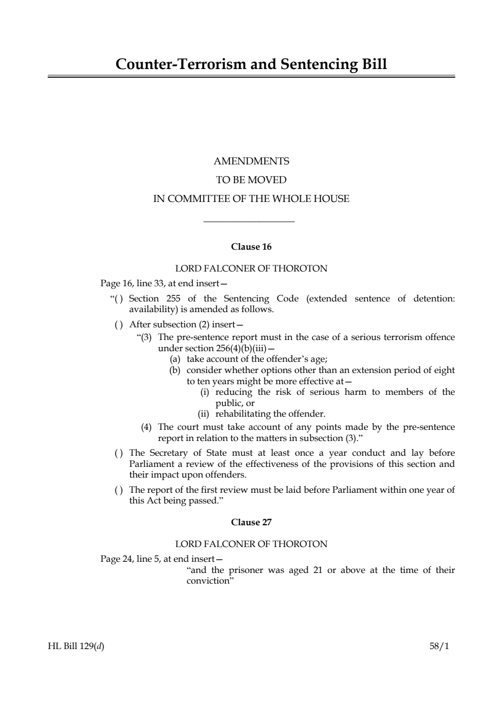 Counter-Terrorism and Sentencing Bill Amendments to be moved in Committee of the Whole House