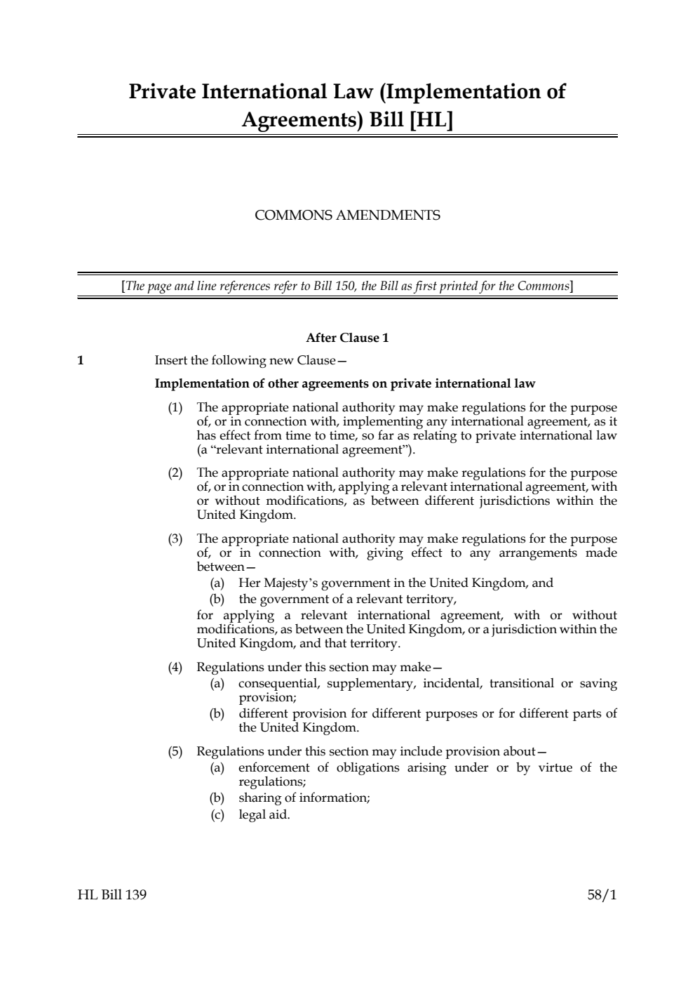 Private International Law (Implementation of Agreements) Bill Commons Amendments