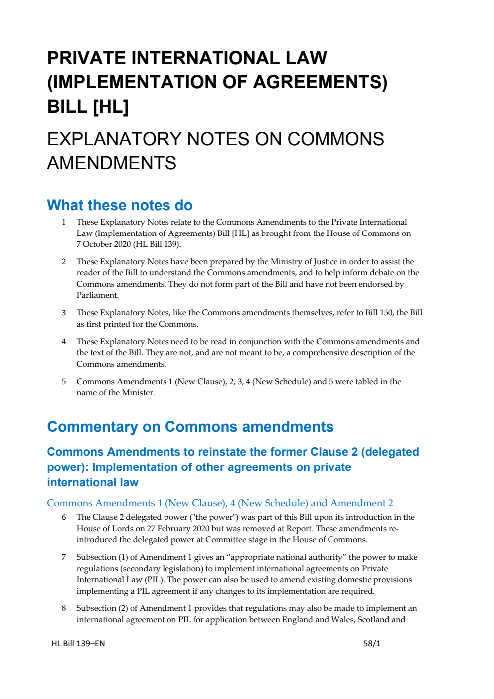 Private International Law (Implementation of Agreements) Bill Explanatory Notes on Commons Amendments