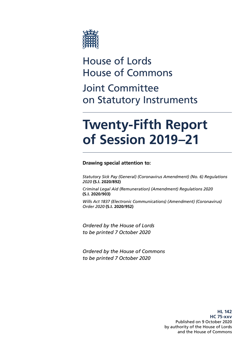 Joint Committee on Statutory Instruments 25th Report of Session 2019-21