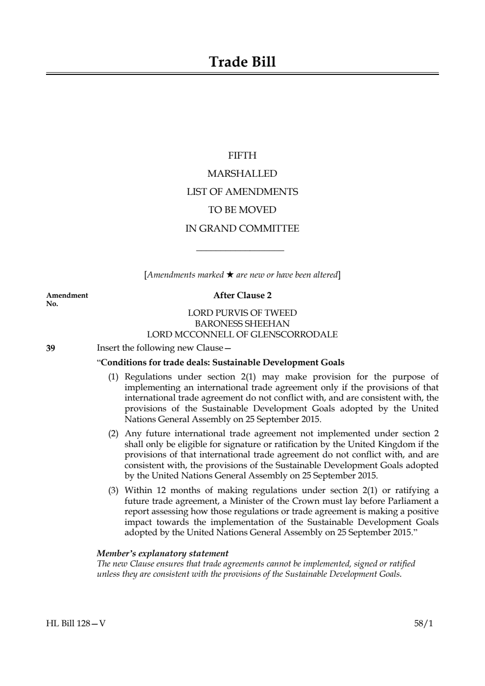 Trade Bill Fifth Marshalled List of Amendments to be moved in Grand Committee