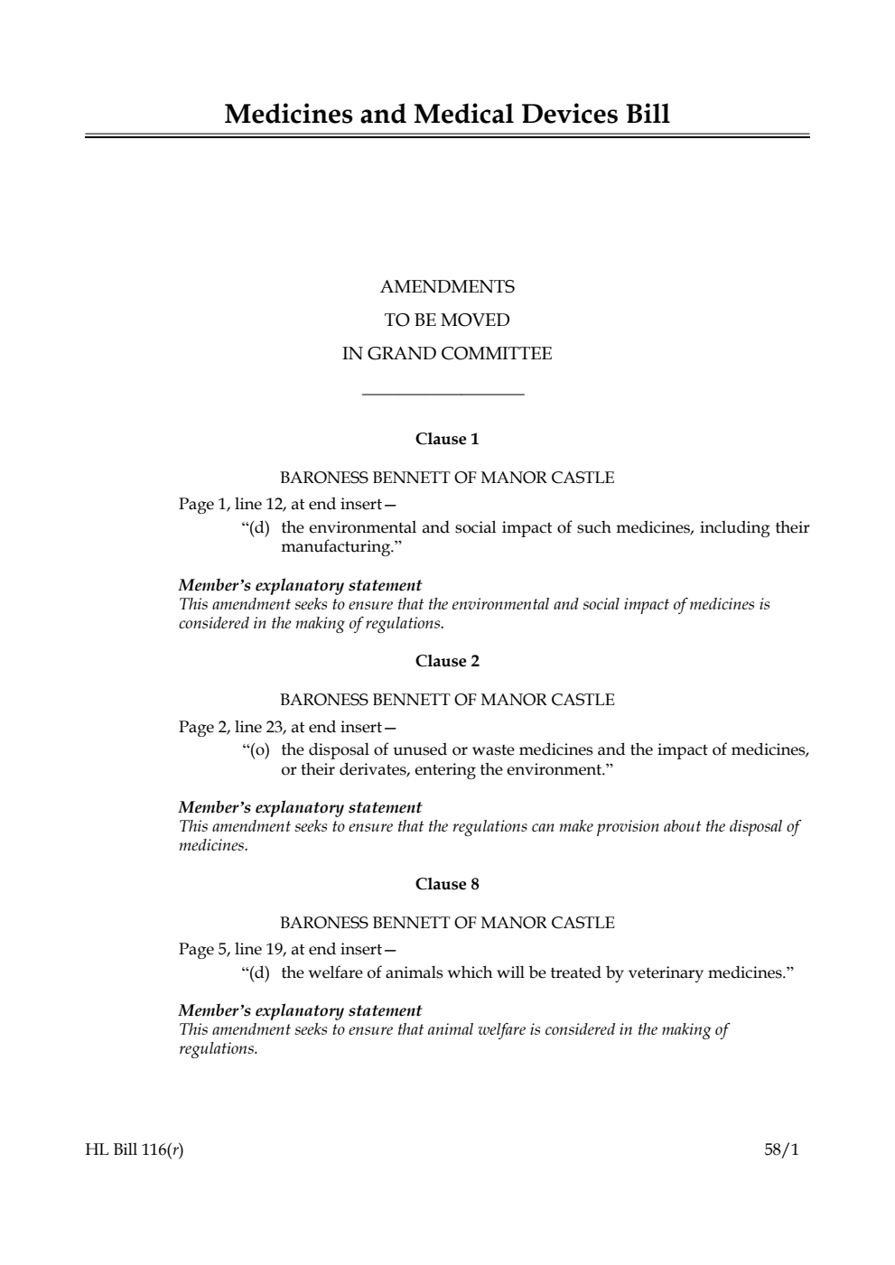 Medicines and Medical Devices Bill Amendments to be moved in Grand Committee