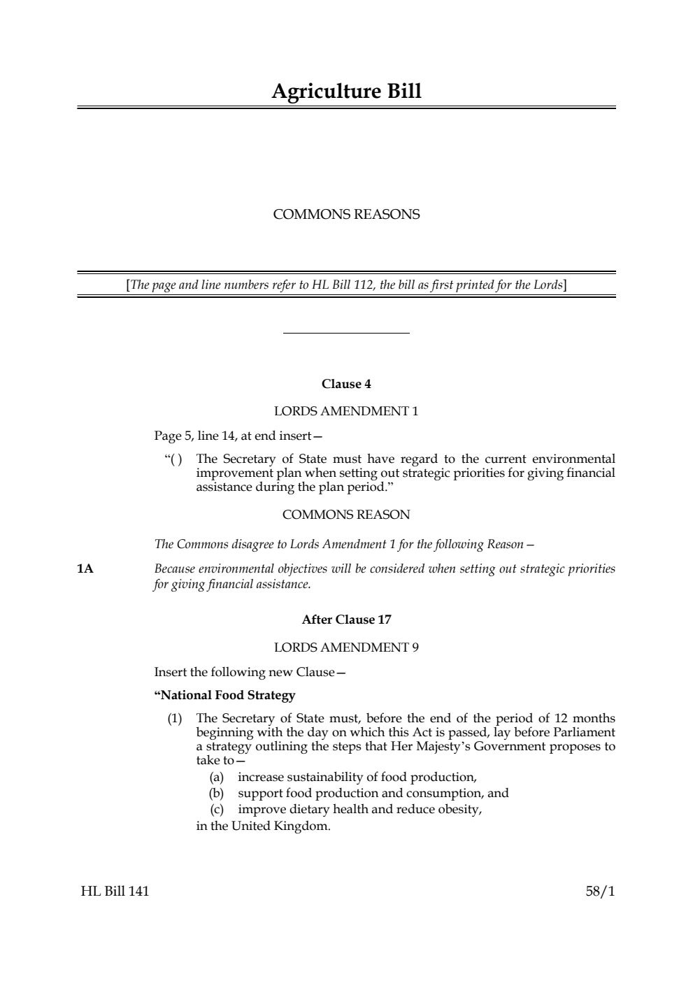 Agriculture Bill Commons reasons