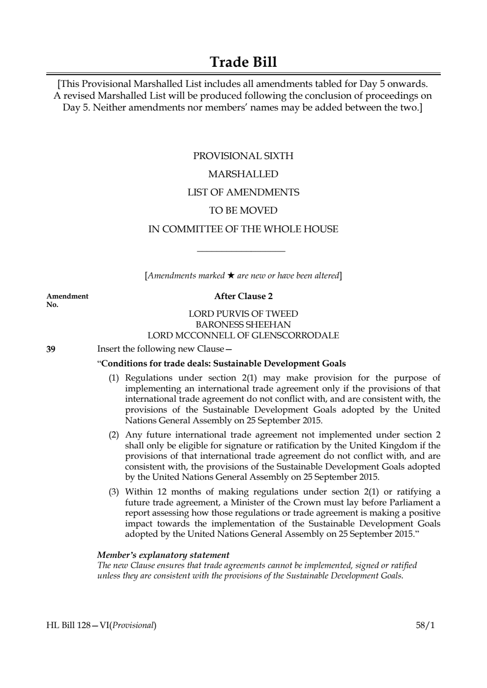 Trade Bill Provisional Sixth Marshalled List of Amendments to be moved in Committee of the Whole House