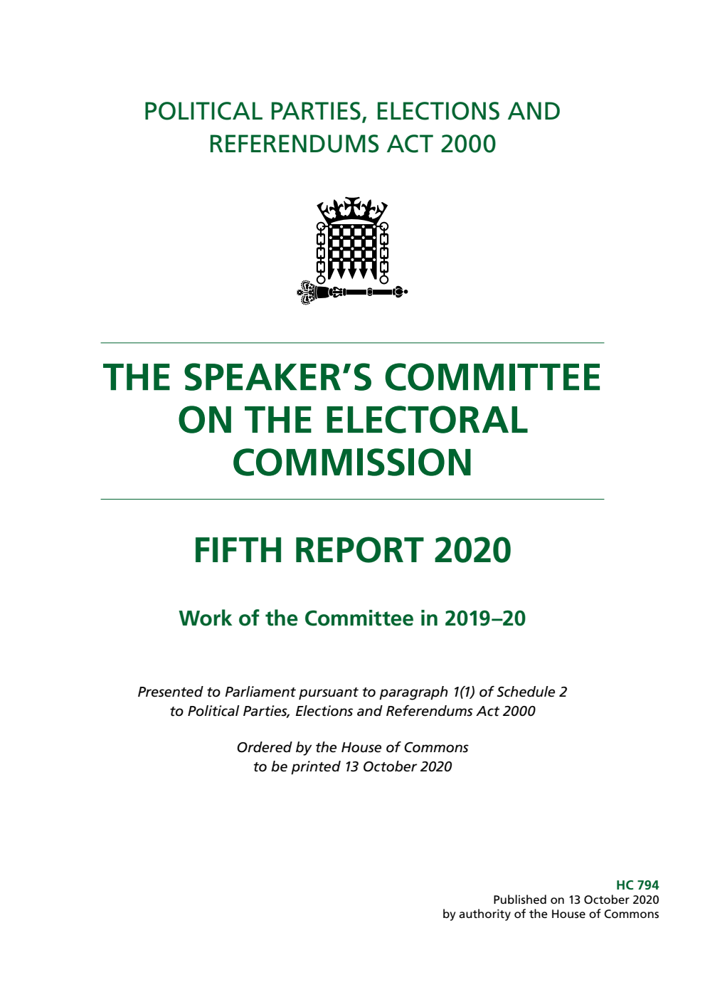 The Speaker’s Committee on The Electoral Commission 5th Report. Work of the Committee in 2019–20