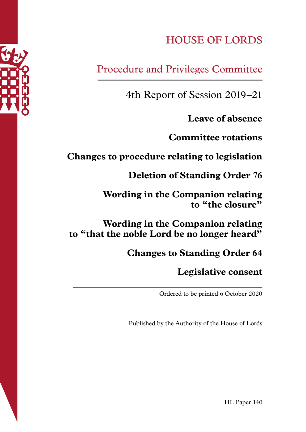 Procedure and Privileges Committee 4th Report of Session 2019-21