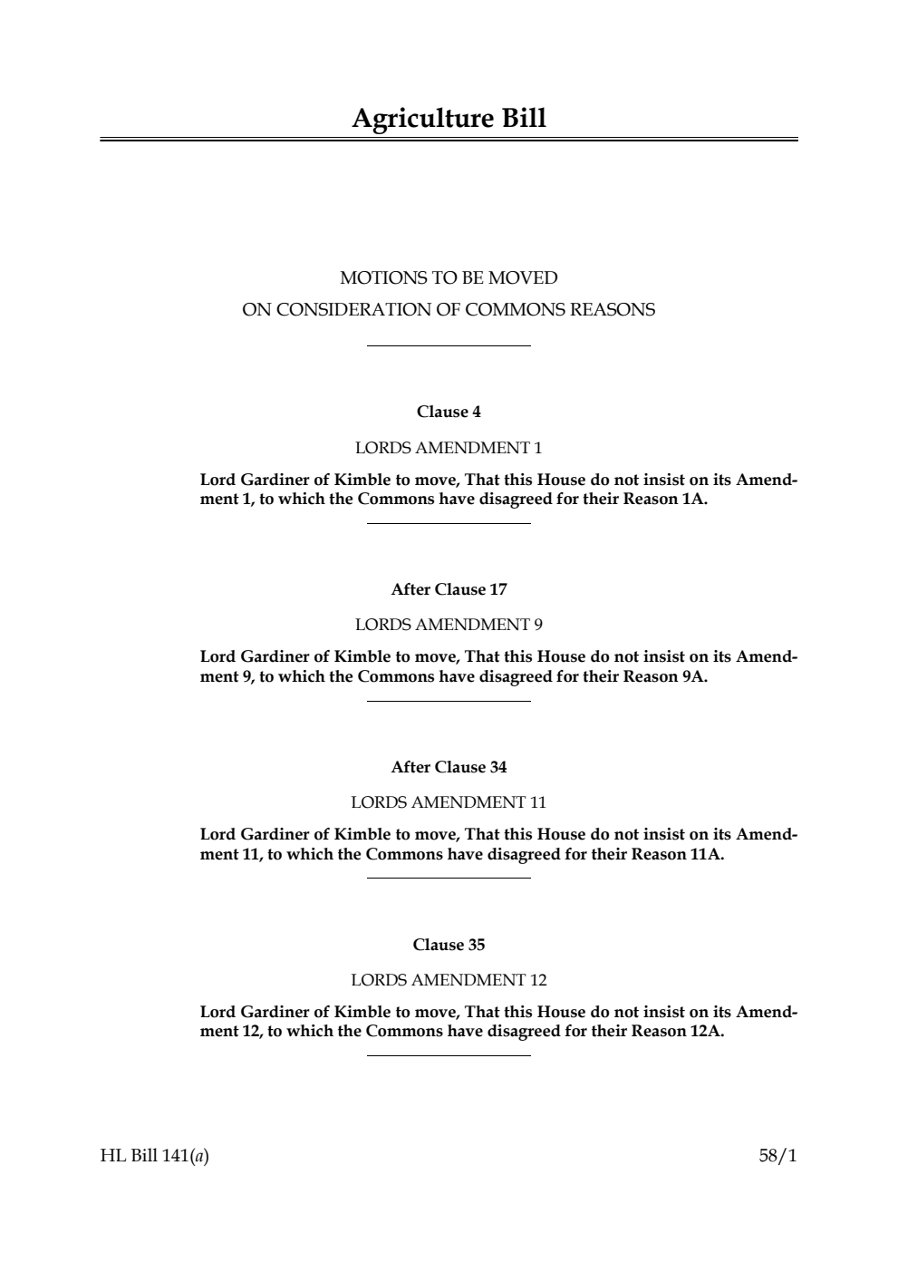 Agriculture Bill Motions to be moved on consideration of Commons reasons