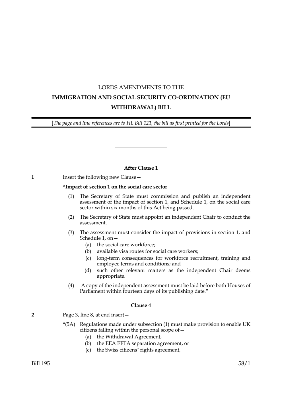 Lords Amendments to the Immigration and Social Security Co-ordination (EU Withdrawal) Bill