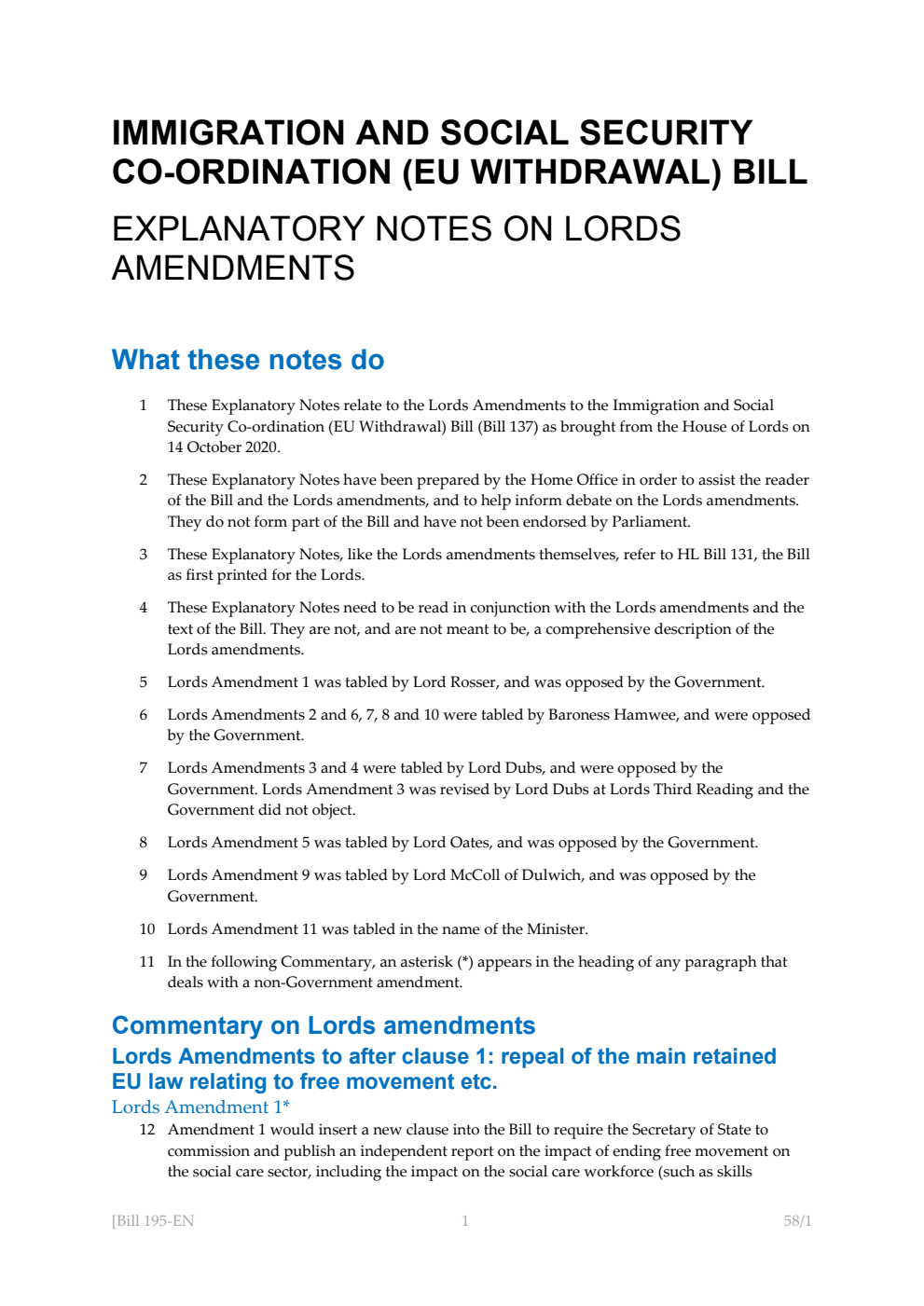 Immigration and Social Security Co-ordination (EU Withdrawal) Bill Explanatory Notes on Lords Amendments