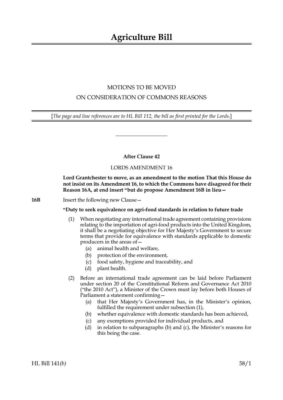 Agriculture Bill Motions to be moved on consideration of Commons reasons