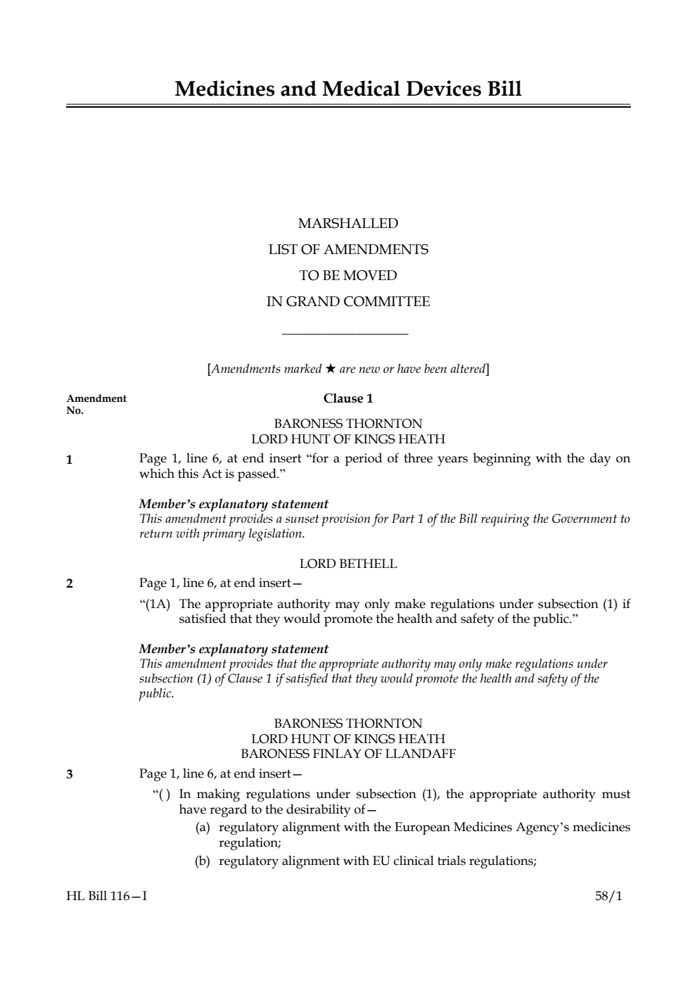 Medicines and Medical Devices Bill Marshalled List of Amendments to be moved in Grand Committee