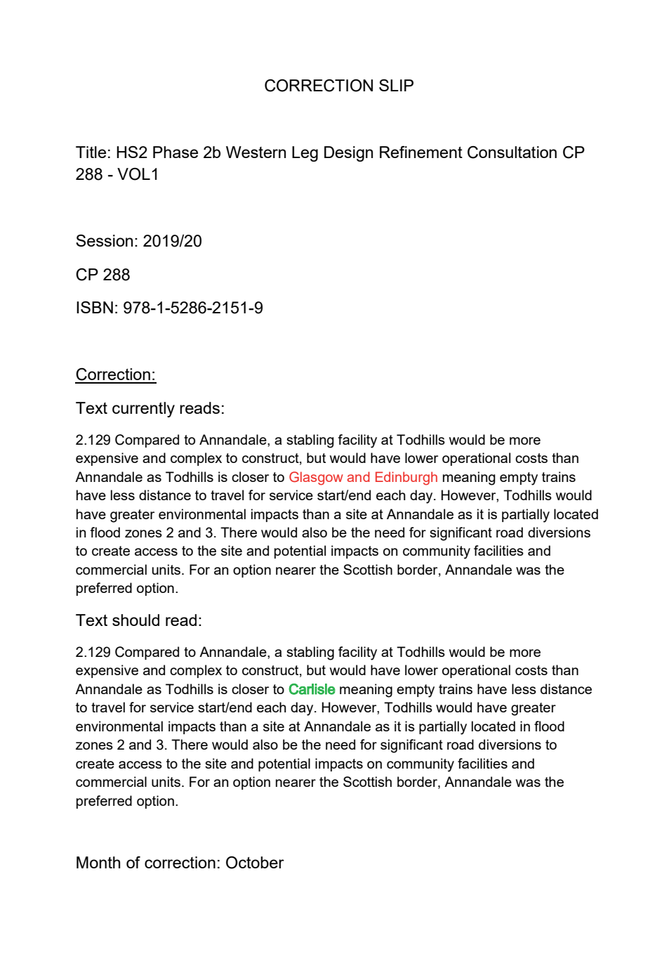 HS2 Phase 2b Western Leg Design Refnement Consultation. Moving Britain Ahead. Correction Slip, October 2020
