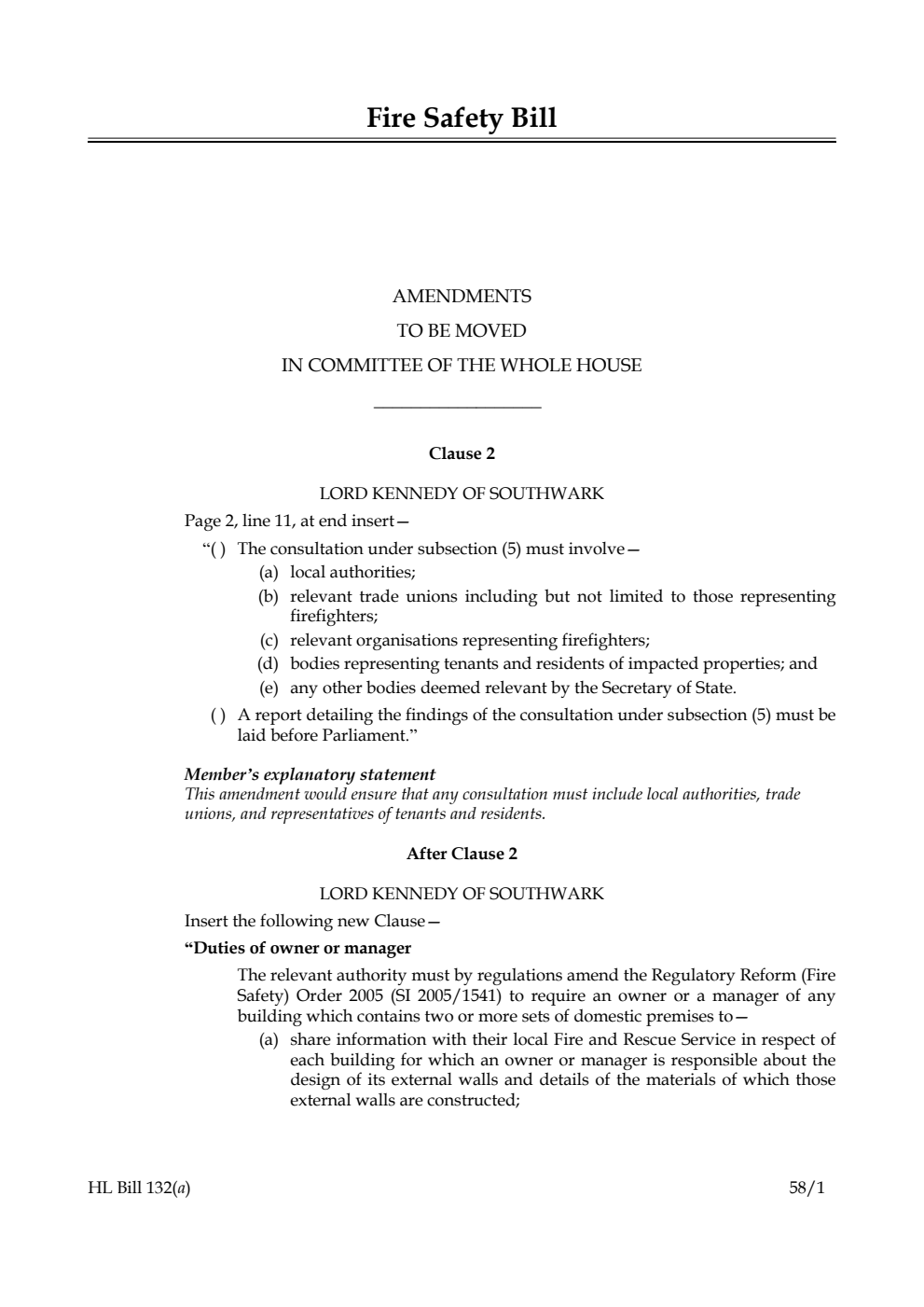 Fire Safety Bill Amendments to be moved in Committee of the Whole House