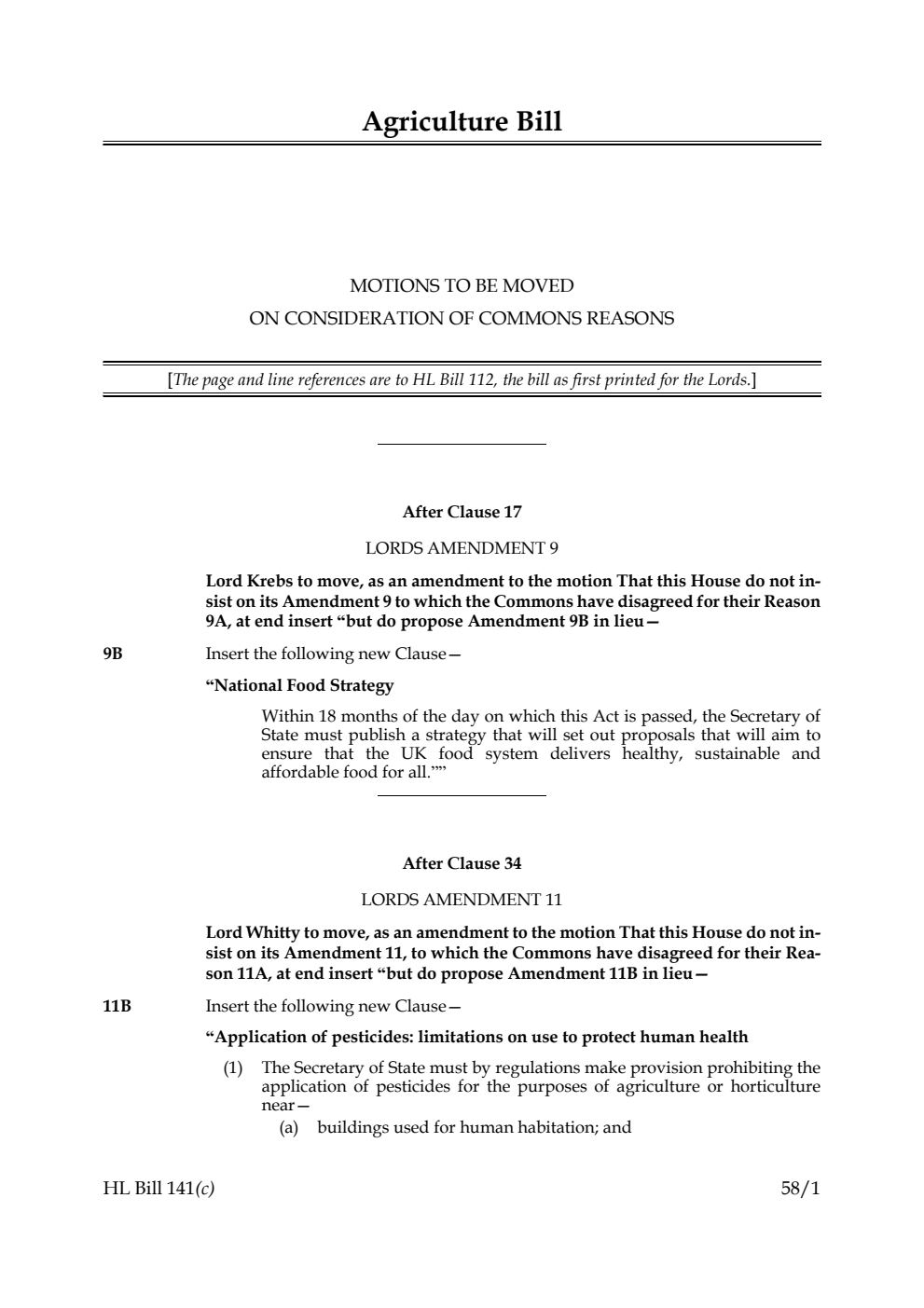 Agriculture Bill Motions to be moved on consideration of Commons reasons