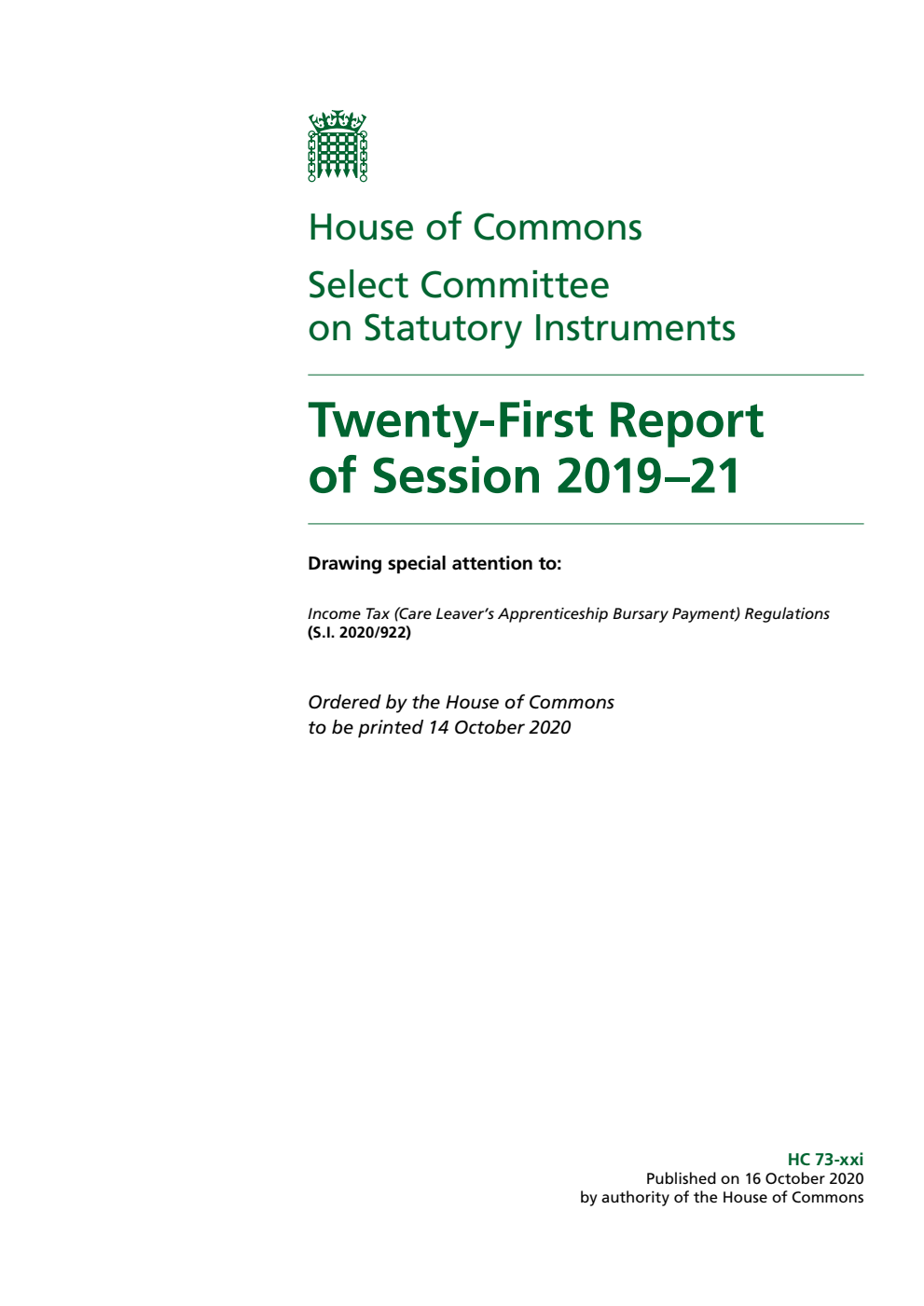 Statutory Instruments Committee 21st Report of Session 2019–21