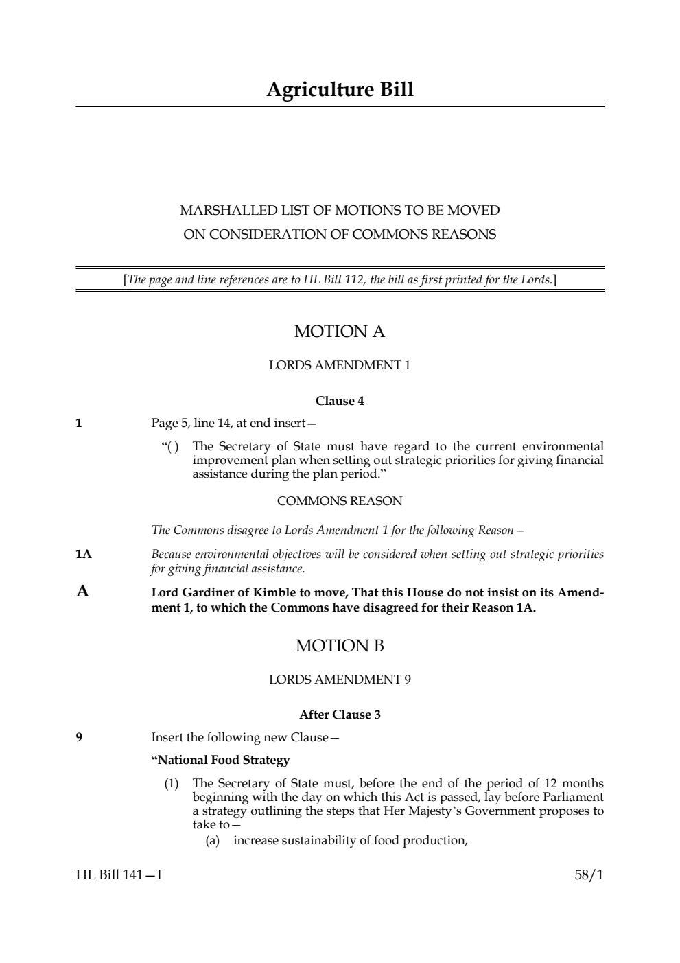 Agriculture Bill Marshalled list of motions to be moved on consideration of Commons reasons