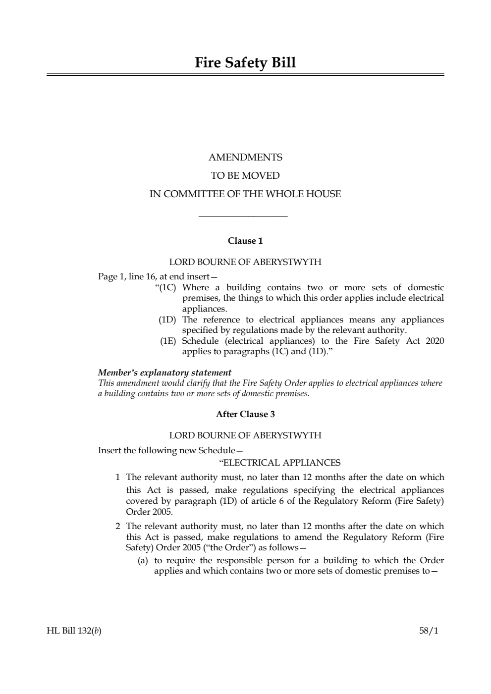 Fire Safety Bill Amendments to be moved in Committee of the Whole House