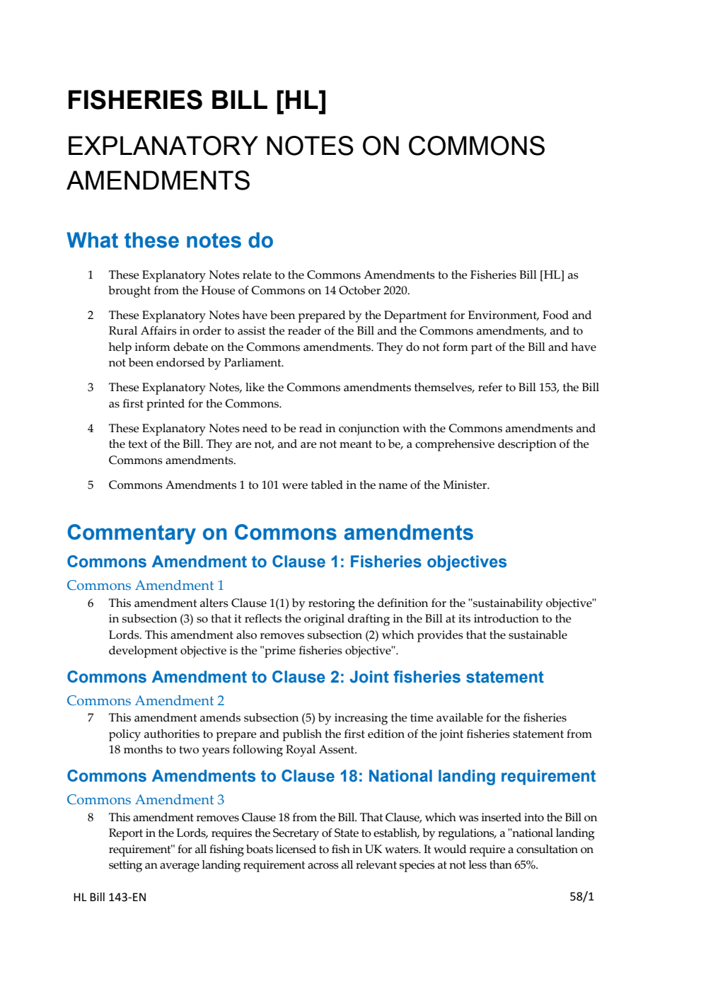 Fisheries Bill Explanatory Notes on Commons Amendments