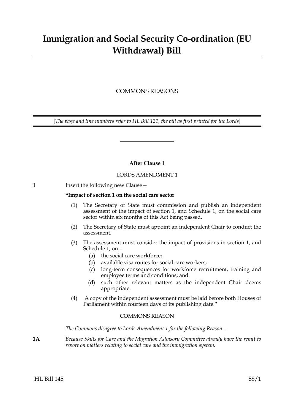 Immigration and Social Security Co-ordination (EU Withdrawal) Bill Commons reasons