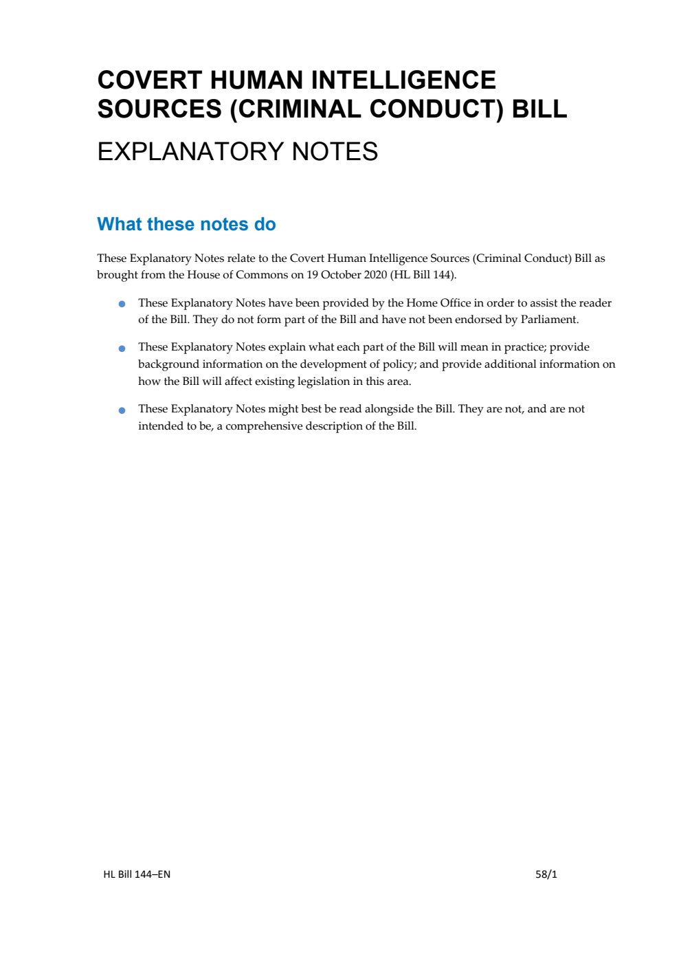 Covert Human Intelligence Sources (Criminal Conduct) Bill Explanatory Notes