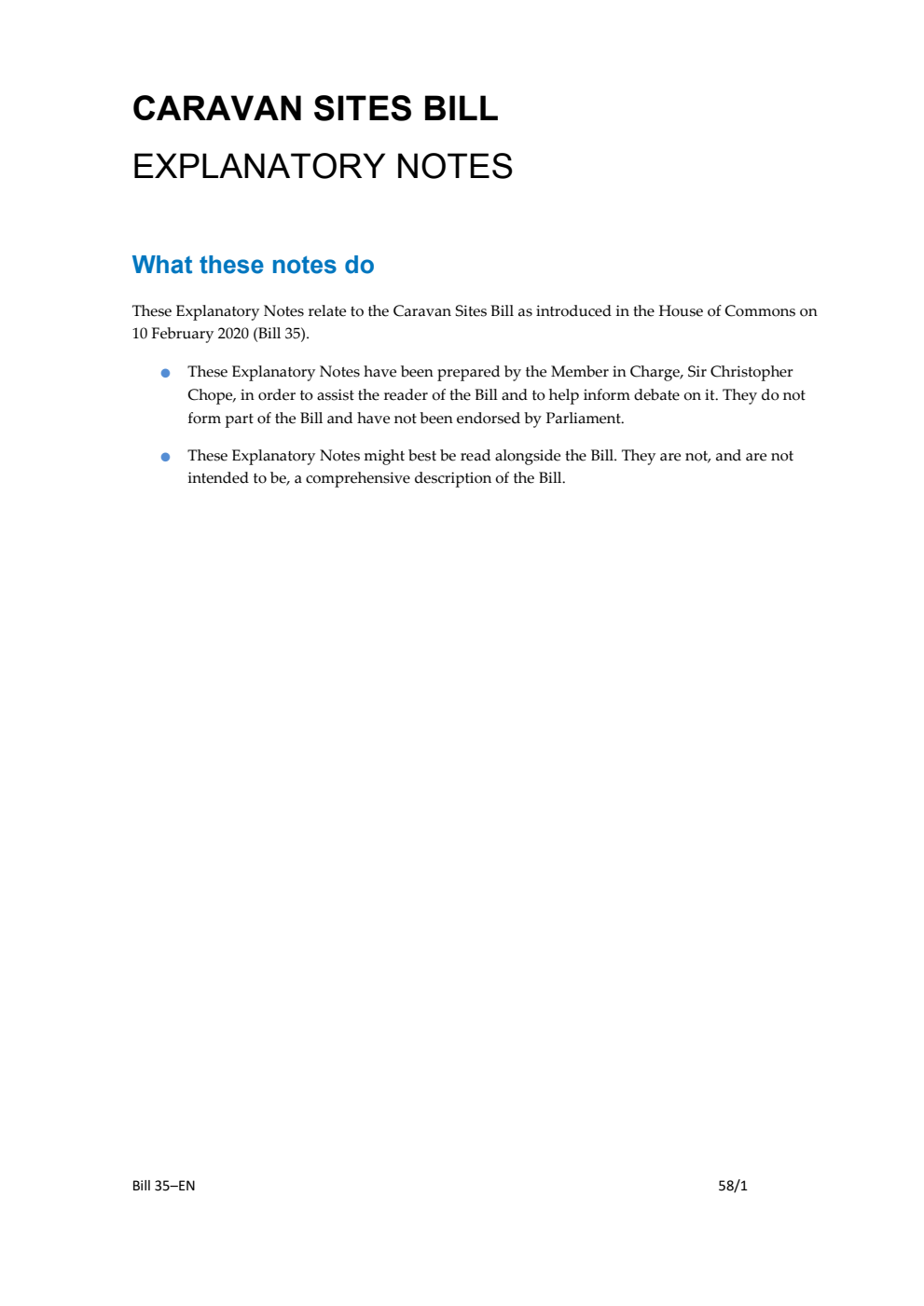 Caravan Sites Bill Explanatory Notes