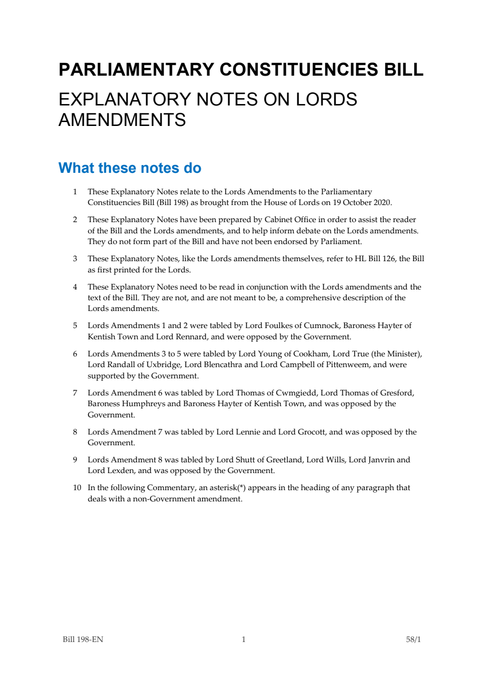 Parliamentary Constituencies Bill Explanatory Notes on Lords Amendments