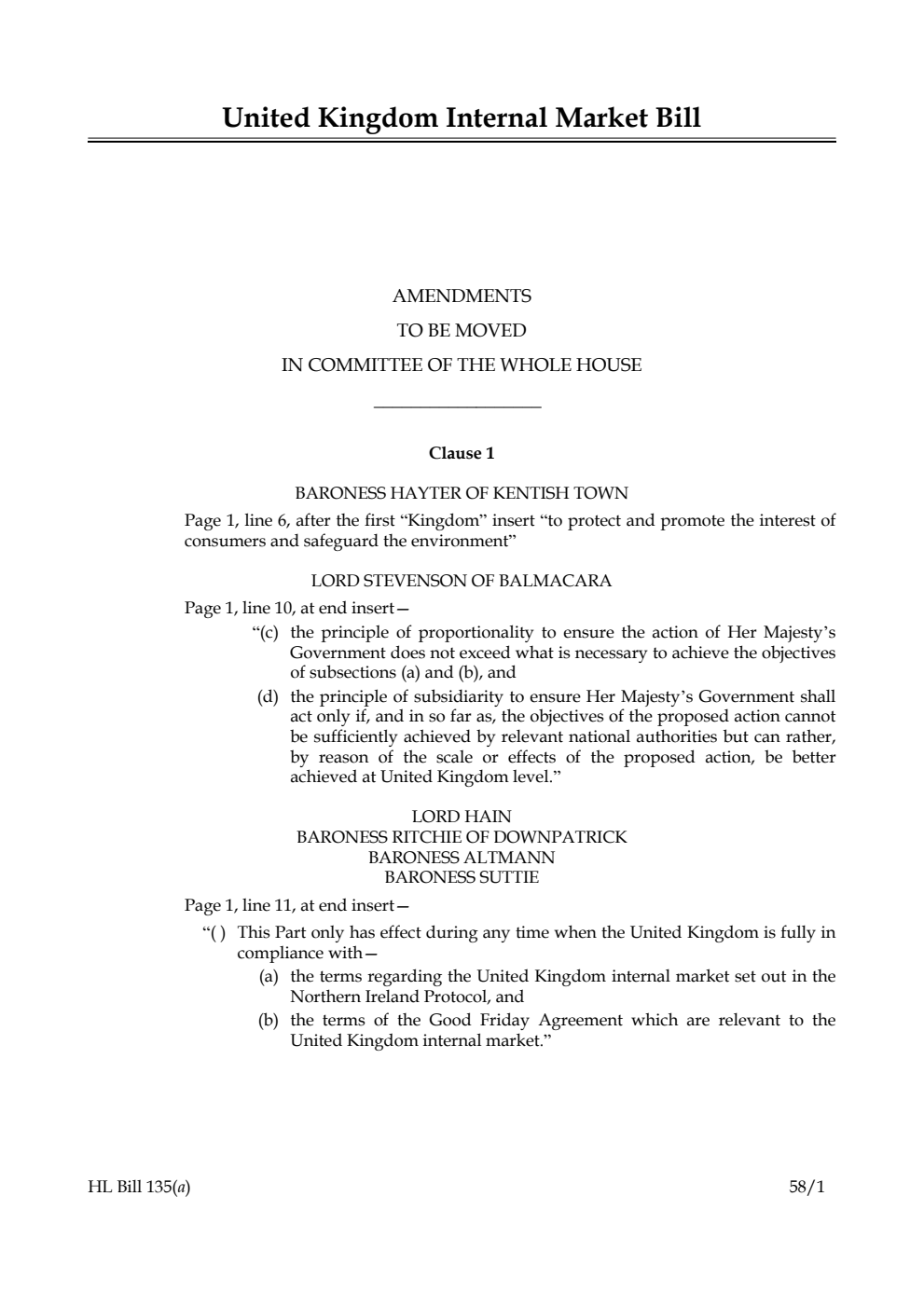 United Kingdom Internal Market Bill Amendments to be moved in Committee of the Whole House